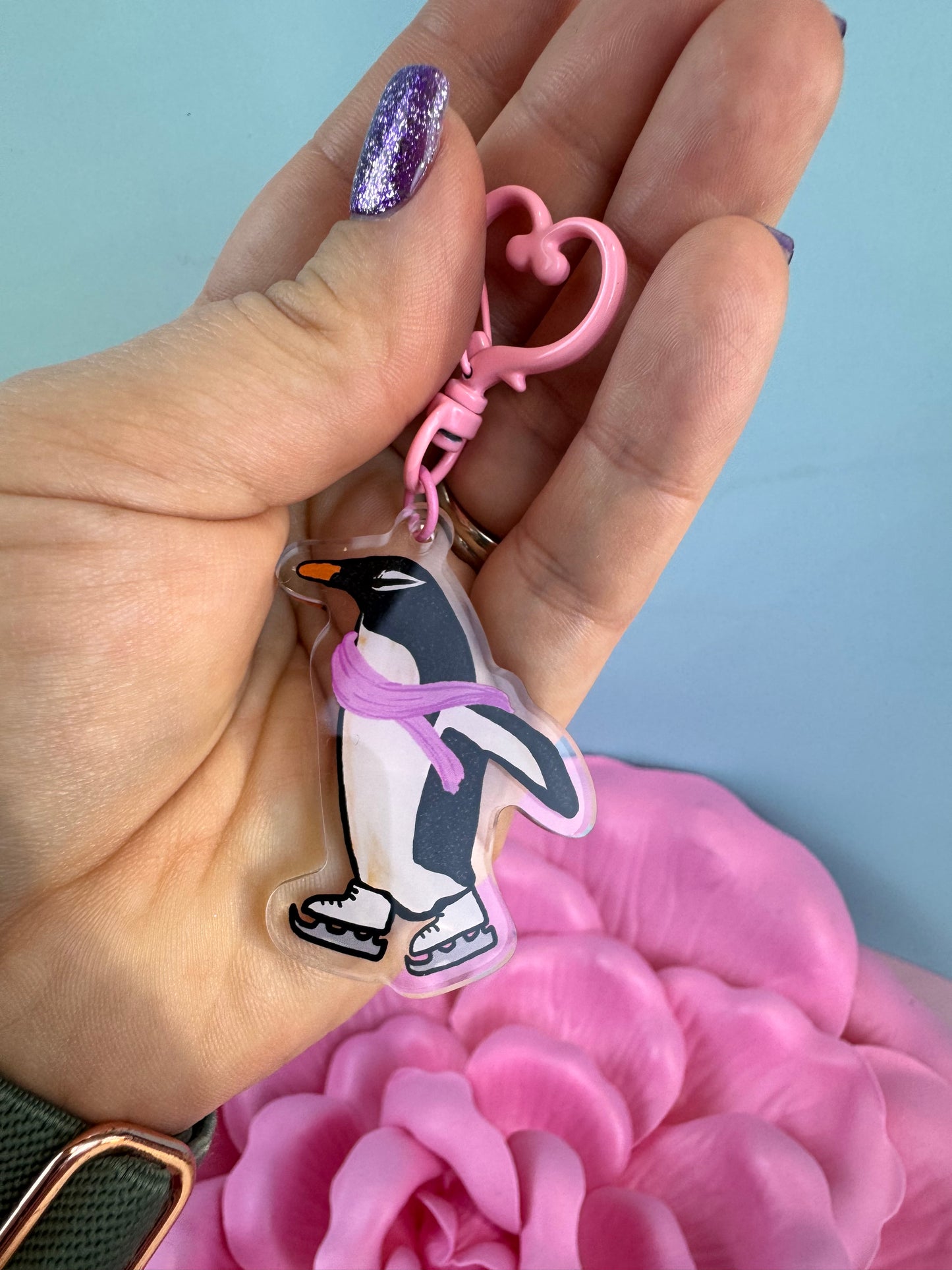 Adorable Acrylic Keychains, Bag Charms and Key Holders, Pretty Penguin On Ice Skates Living Her Best Life