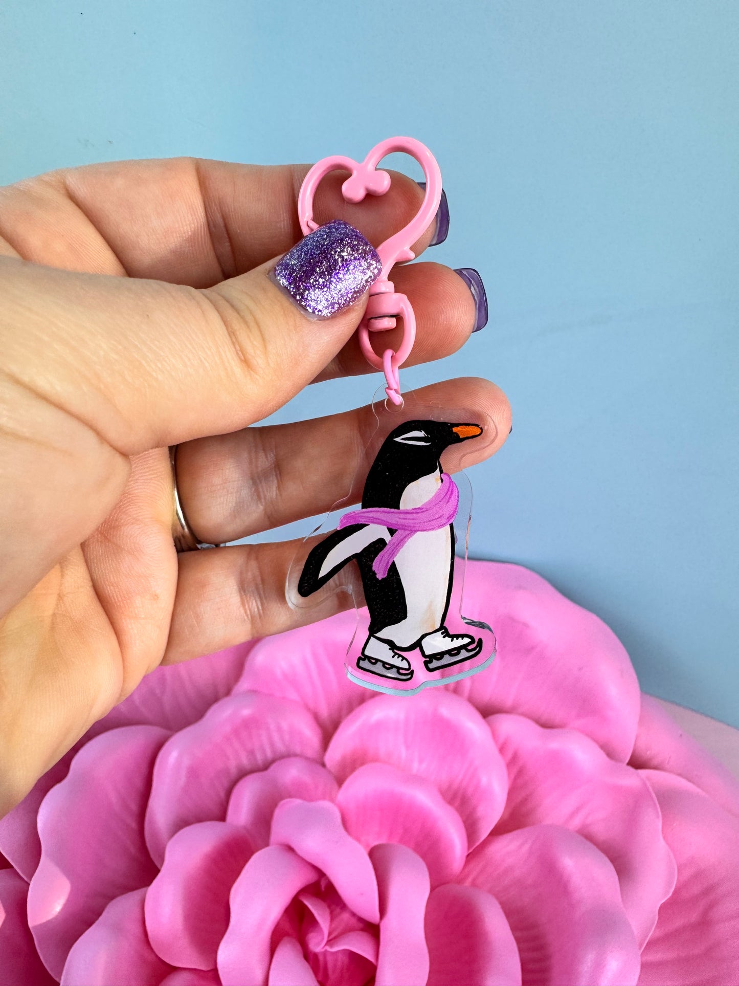 Adorable Acrylic Keychains, Bag Charms and Key Holders, Pretty Penguin On Ice Skates Living Her Best Life