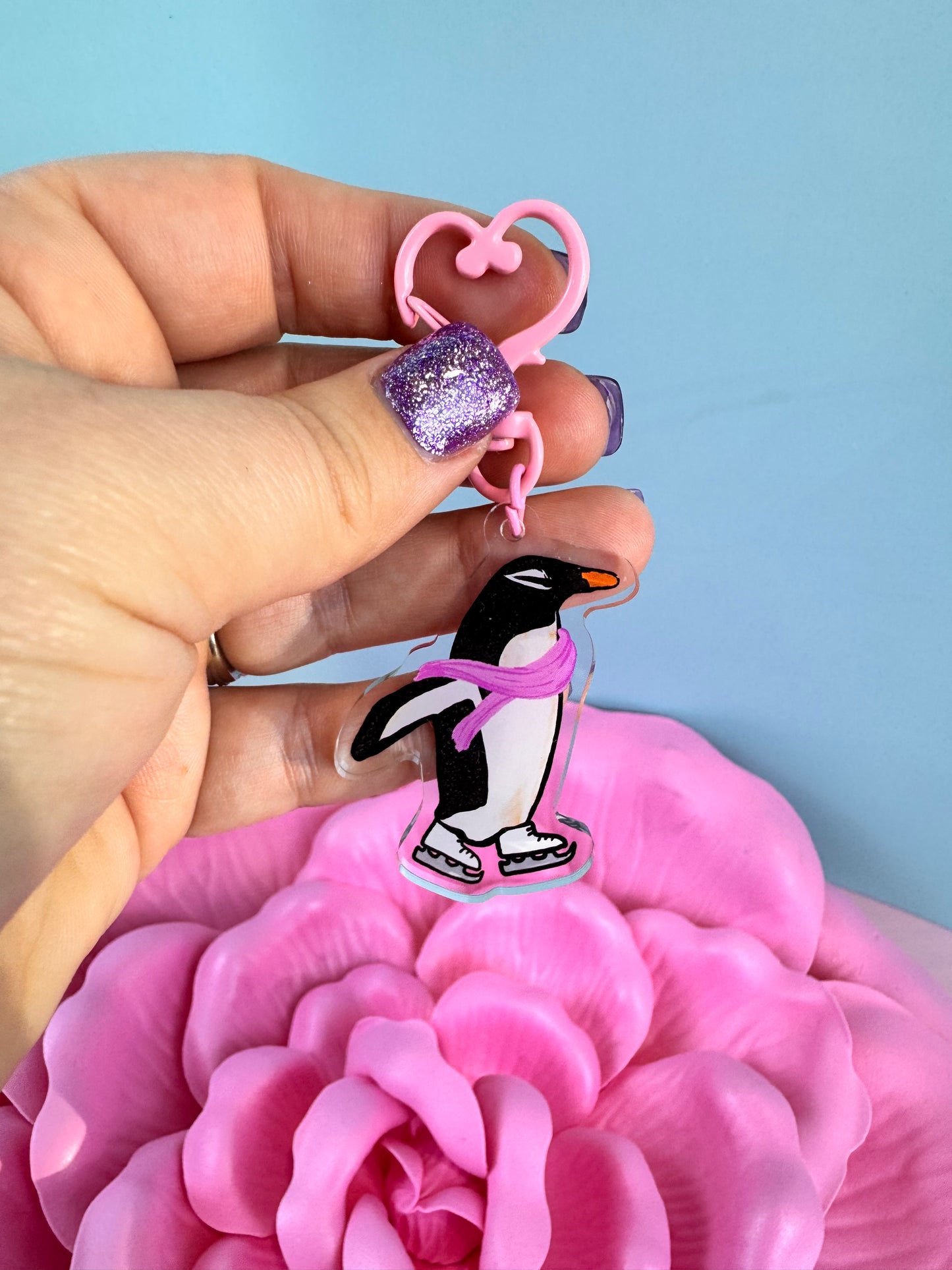Adorable Acrylic Keychains, Bag Charms and Key Holders, Pretty Penguin On Ice Skates Living Her Best Life