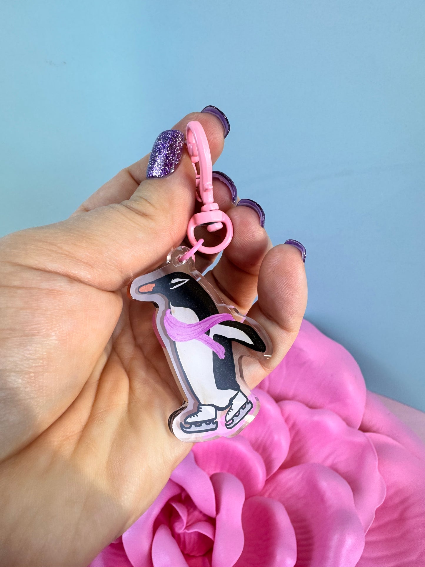 Adorable Acrylic Keychains, Bag Charms and Key Holders, Pretty Penguin On Ice Skates Living Her Best Life