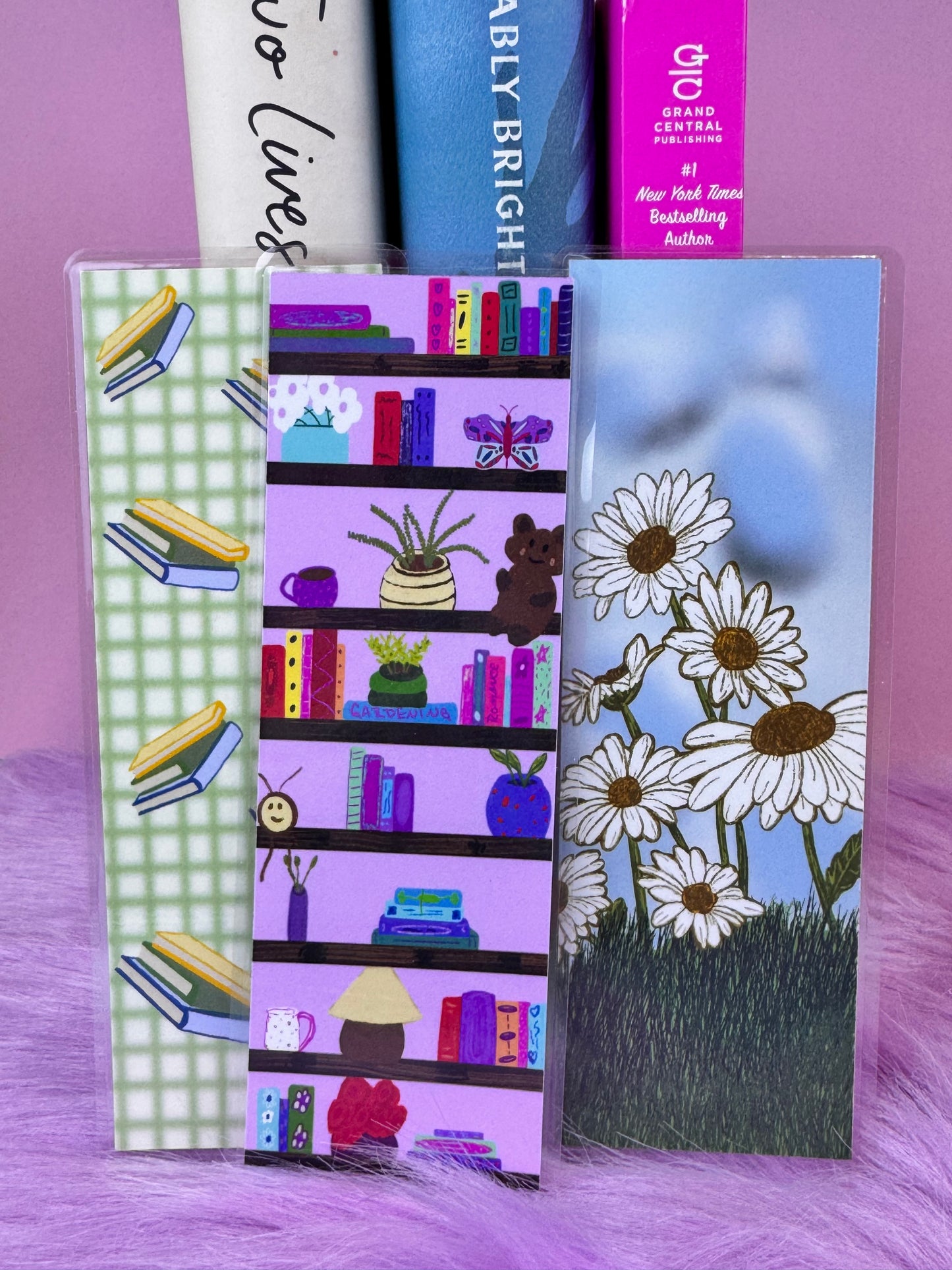 Bookmark Set of 3, Laminated Bookmarks, Hand Drawn Page Saver, Readers, April Birth Flowers Daisies, Gingham Bookstacks, Library Bookshelf
