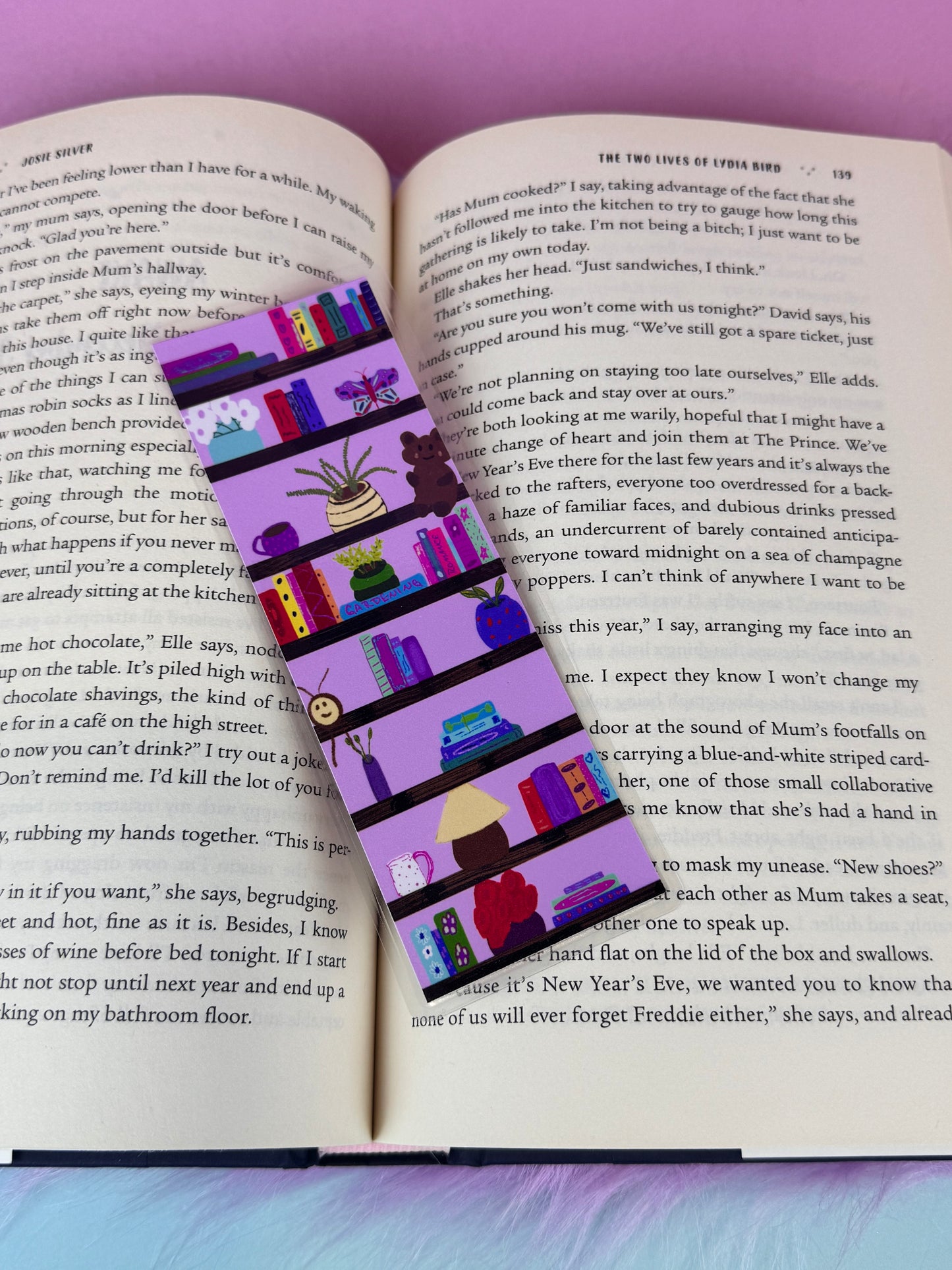 Cute Bookshelf Laminated Bookmark, Books and Trinkets of Book Lovers, Library Shelves, Hand Drawn Art