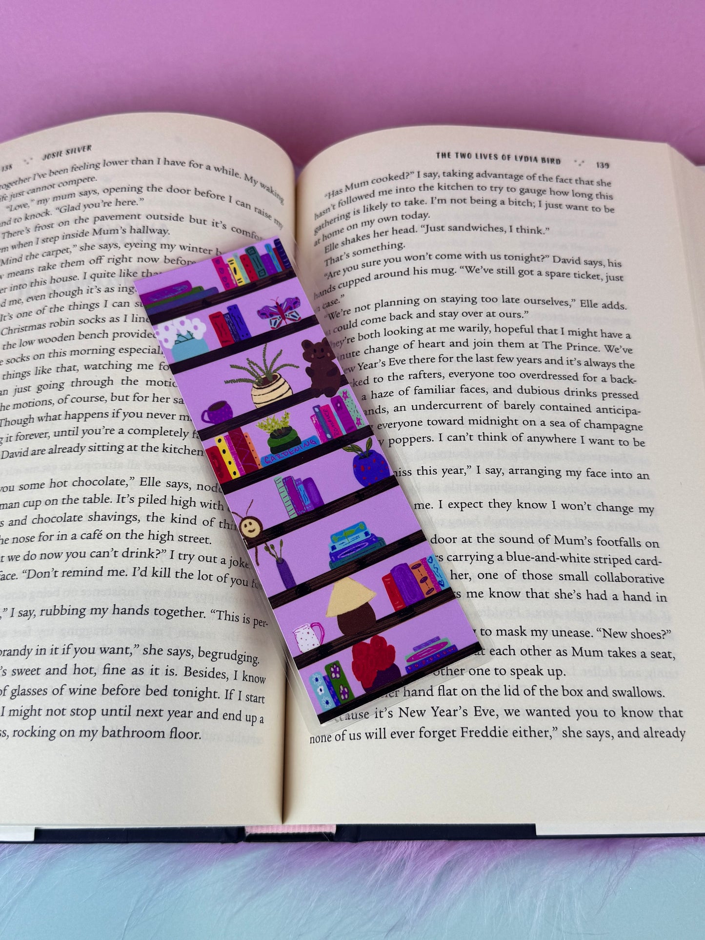 Cute Bookshelf Laminated Bookmark, Books and Trinkets of Book Lovers, Library Shelves, Hand Drawn Art