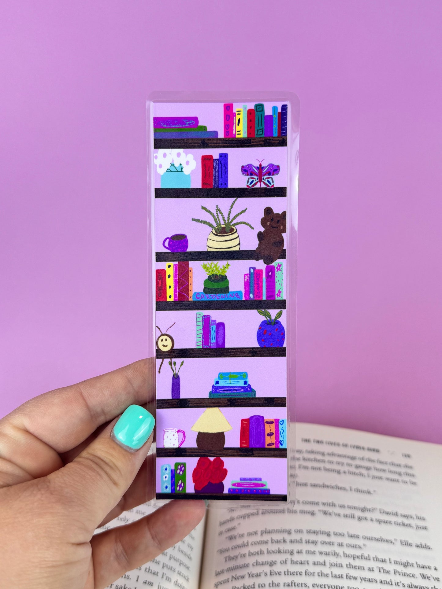 Cute Bookshelf Laminated Bookmark, Books and Trinkets of Book Lovers, Library Shelves, Hand Drawn Art