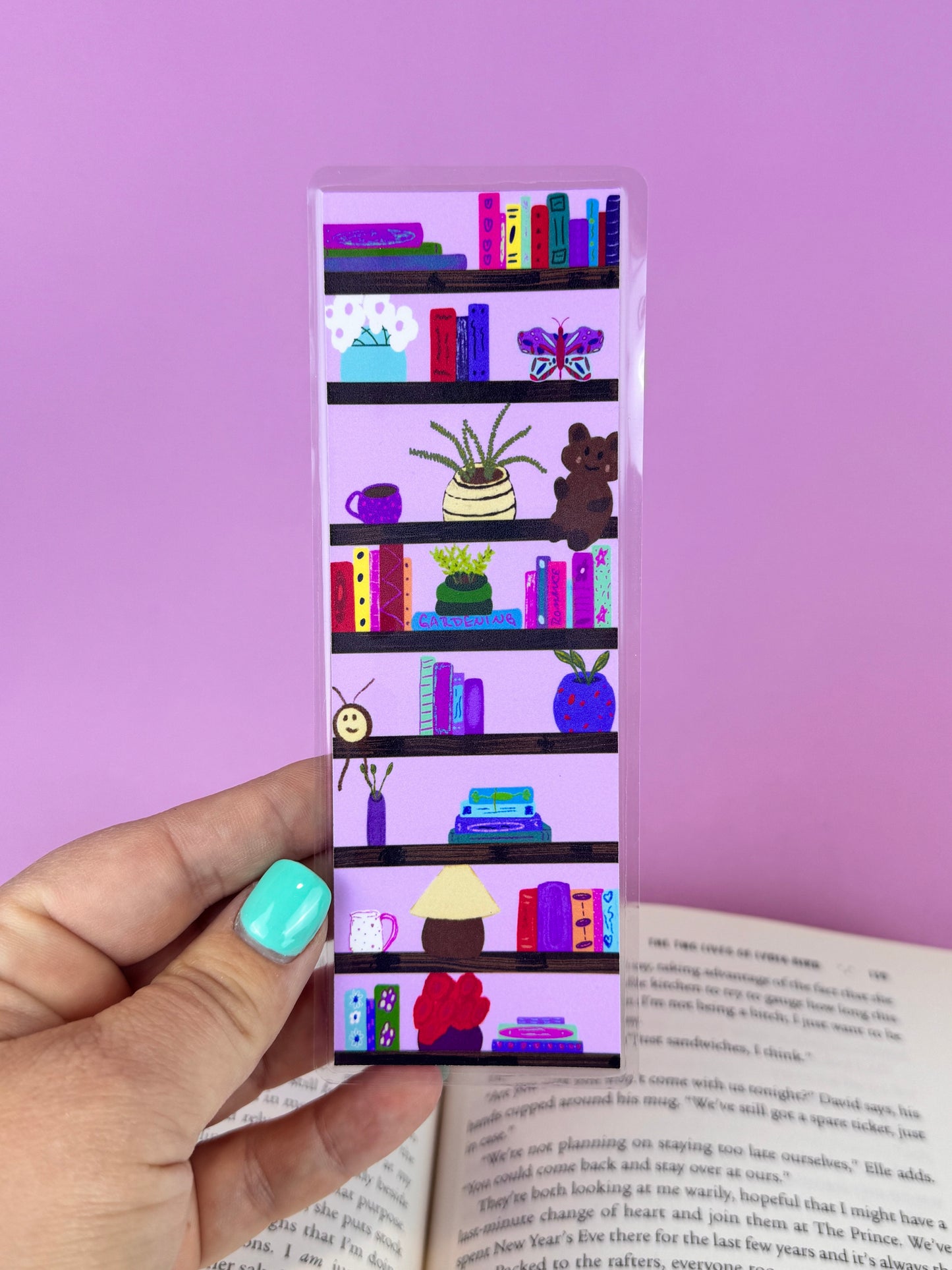 Cute Bookshelf Laminated Bookmark, Books and Trinkets of Book Lovers, Library Shelves, Hand Drawn Art