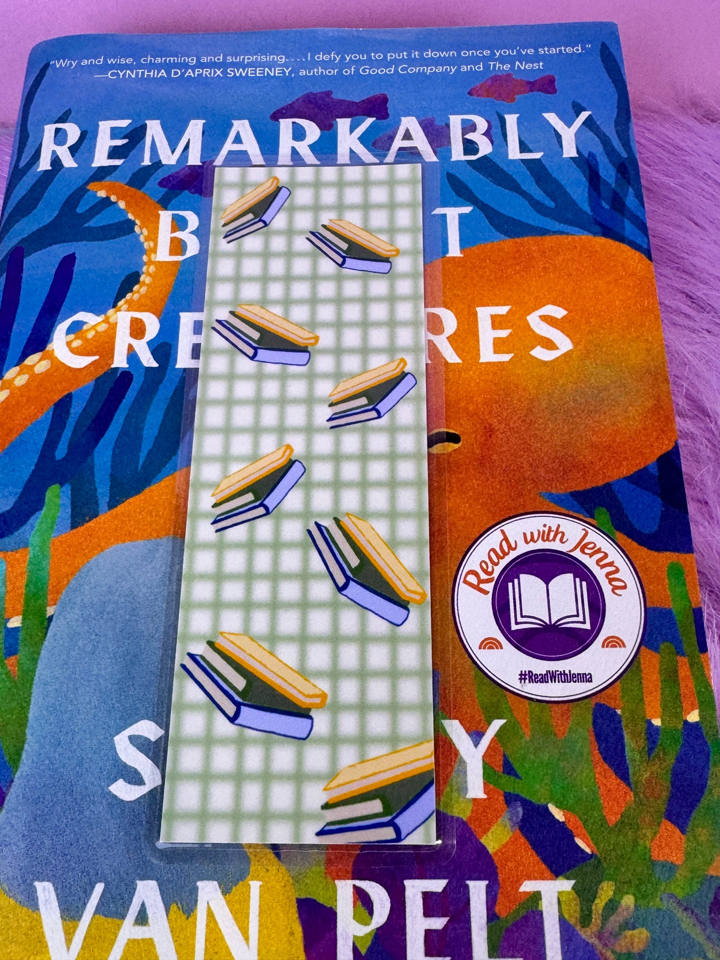 Green Gingham Style Bookmark with Floating Stacks of Books, Book Lovers, Gift For Readers, Hand Drawn Art, Page Saver, Laminated Bookmark