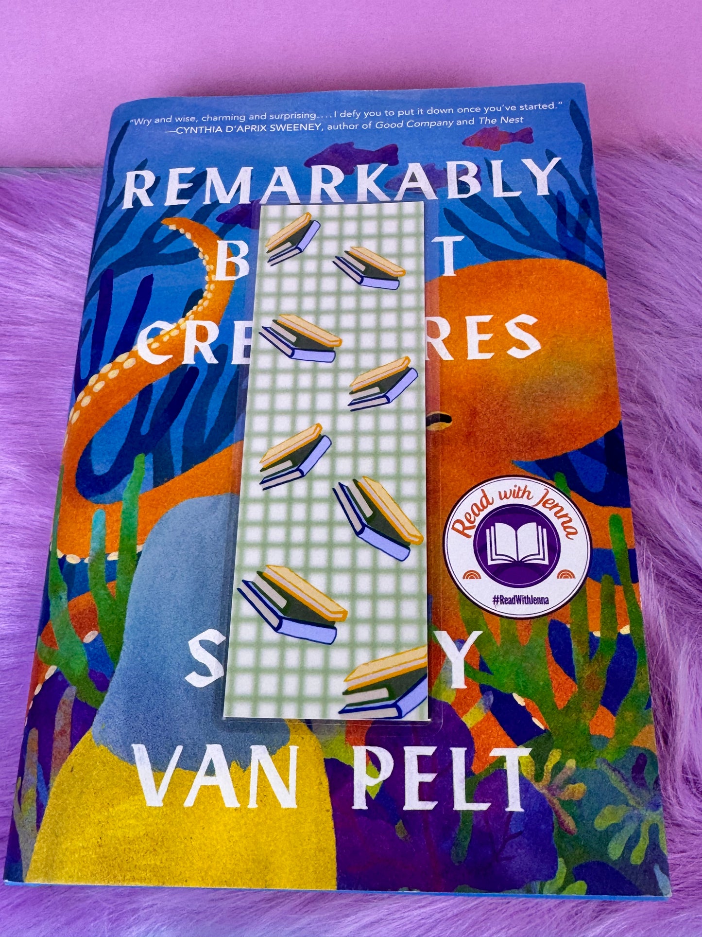 Green Gingham Style Bookmark with Floating Stacks of Books, Book Lovers, Gift For Readers, Hand Drawn Art, Page Saver, Laminated Bookmark