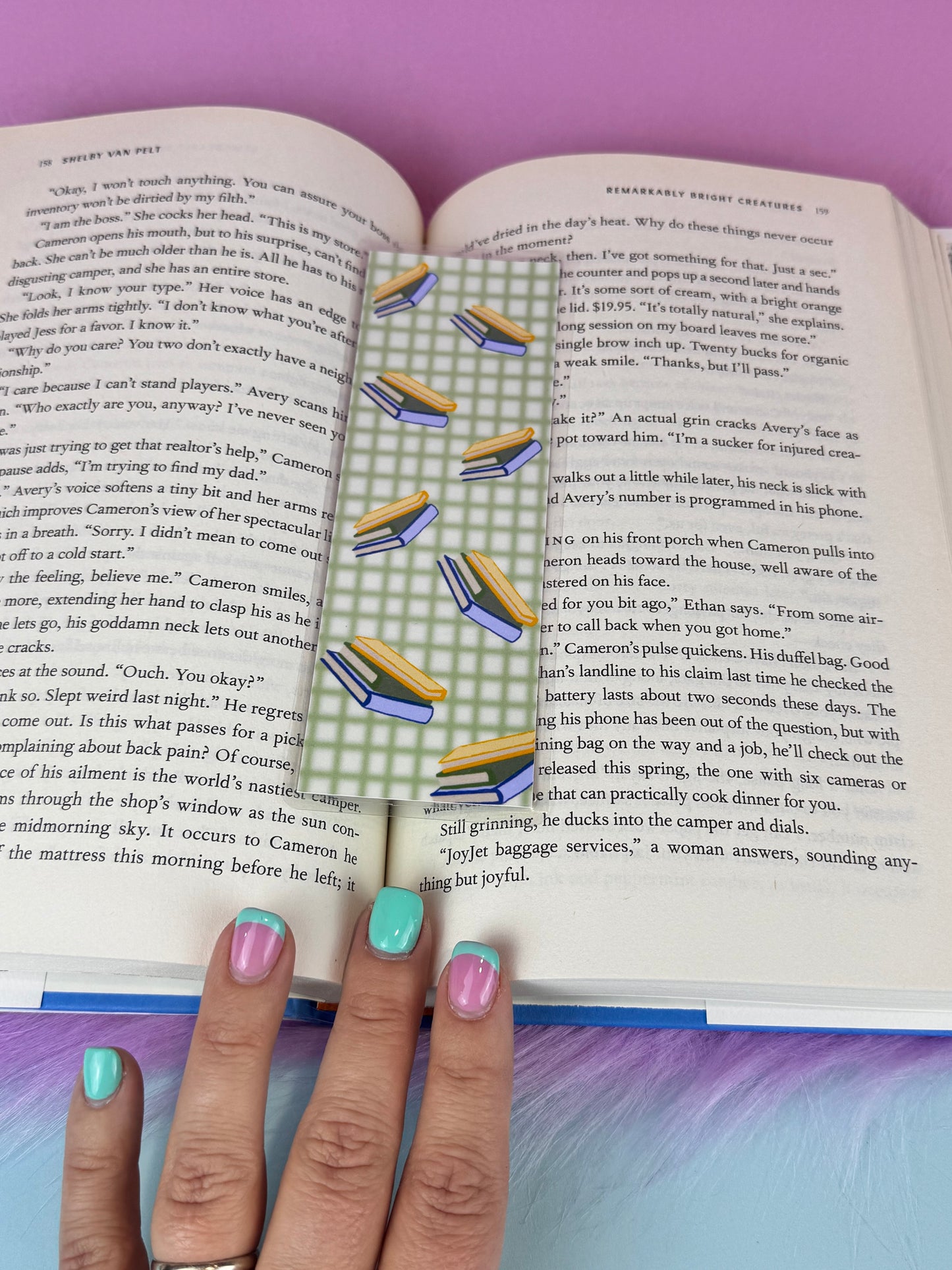 Green Gingham Style Bookmark with Floating Stacks of Books, Book Lovers, Gift For Readers, Hand Drawn Art, Page Saver, Laminated Bookmark