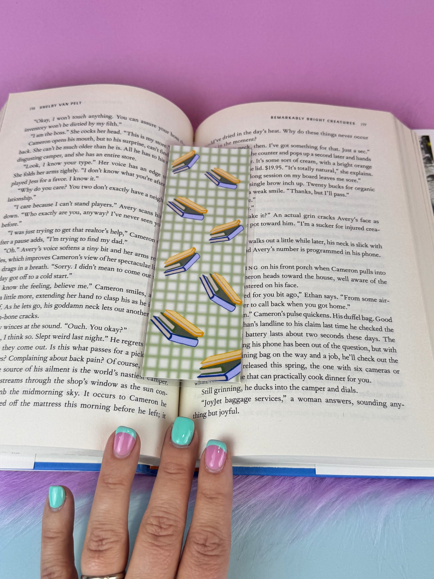 Green Gingham Style Bookmark with Floating Stacks of Books, Book Lovers, Gift For Readers, Hand Drawn Art, Page Saver, Laminated Bookmark