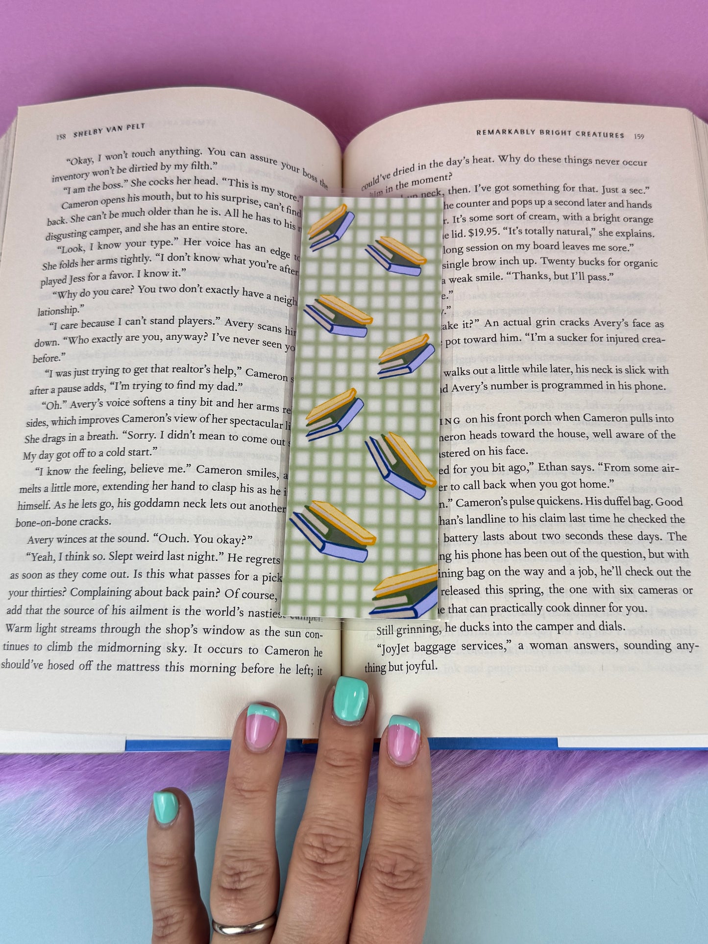 Green Gingham Style Bookmark with Floating Stacks of Books, Book Lovers, Gift For Readers, Hand Drawn Art, Page Saver, Laminated Bookmark
