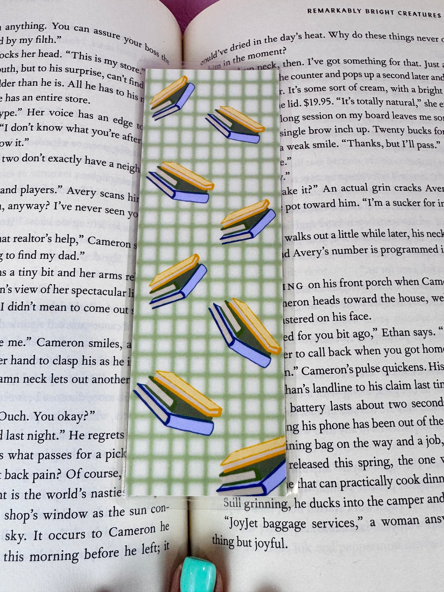 Green Gingham Style Bookmark with Floating Stacks of Books, Book Lovers, Gift For Readers, Hand Drawn Art, Page Saver, Laminated Bookmark