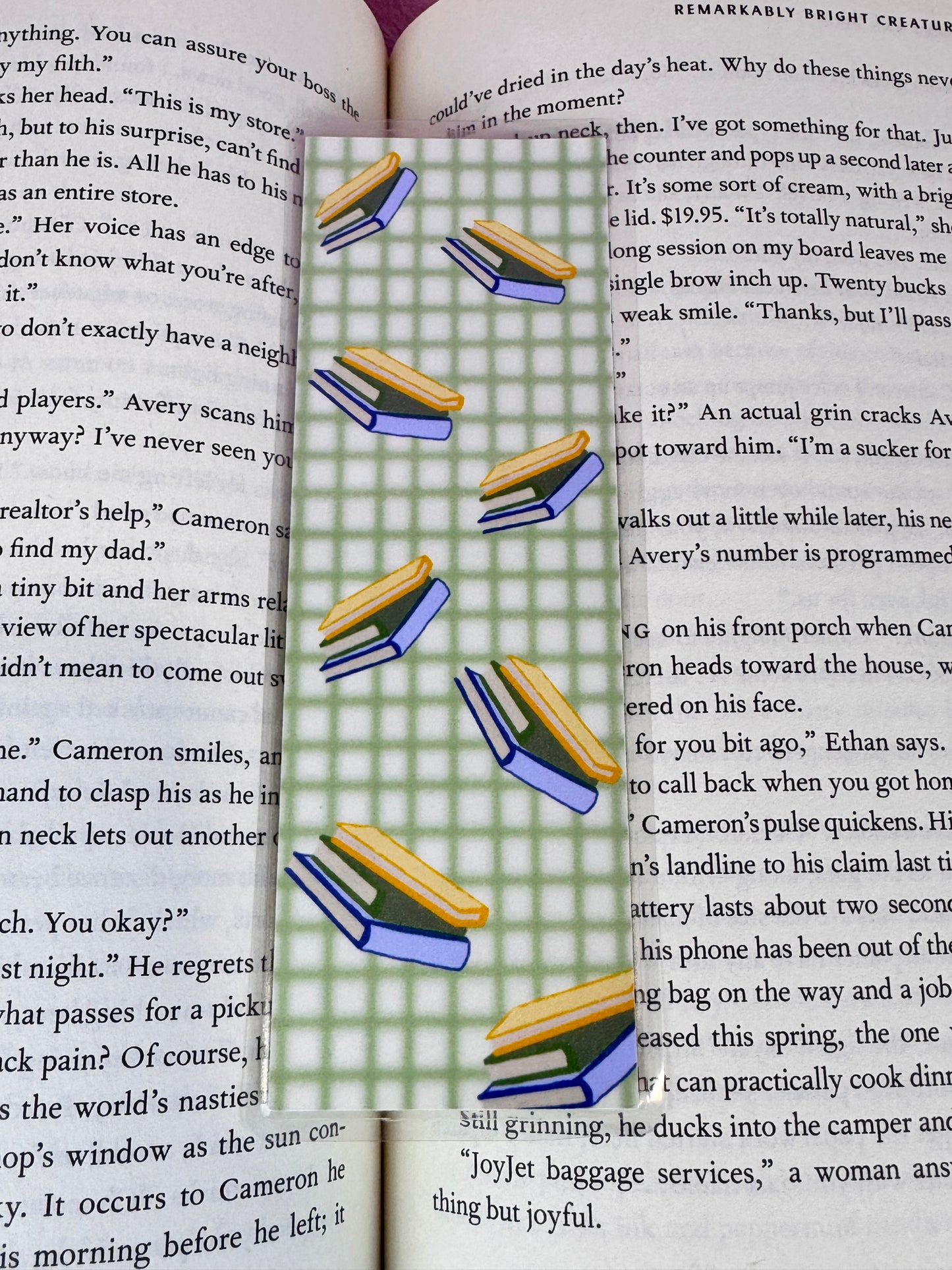 Green Gingham Style Bookmark with Floating Stacks of Books, Book Lovers, Gift For Readers, Hand Drawn Art, Page Saver, Laminated Bookmark