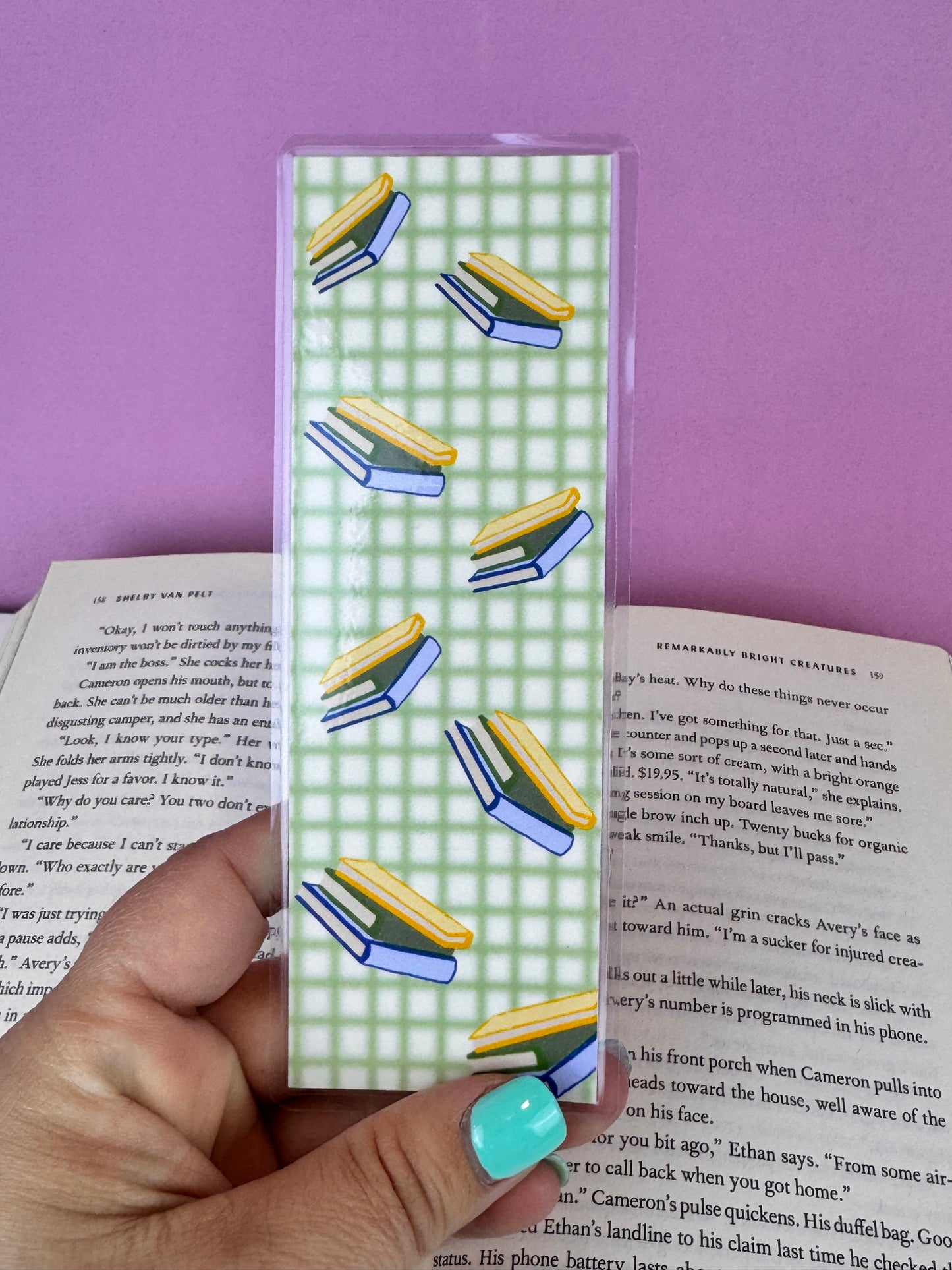 Green Gingham Style Bookmark with Floating Stacks of Books, Book Lovers, Gift For Readers, Hand Drawn Art, Page Saver, Laminated Bookmark