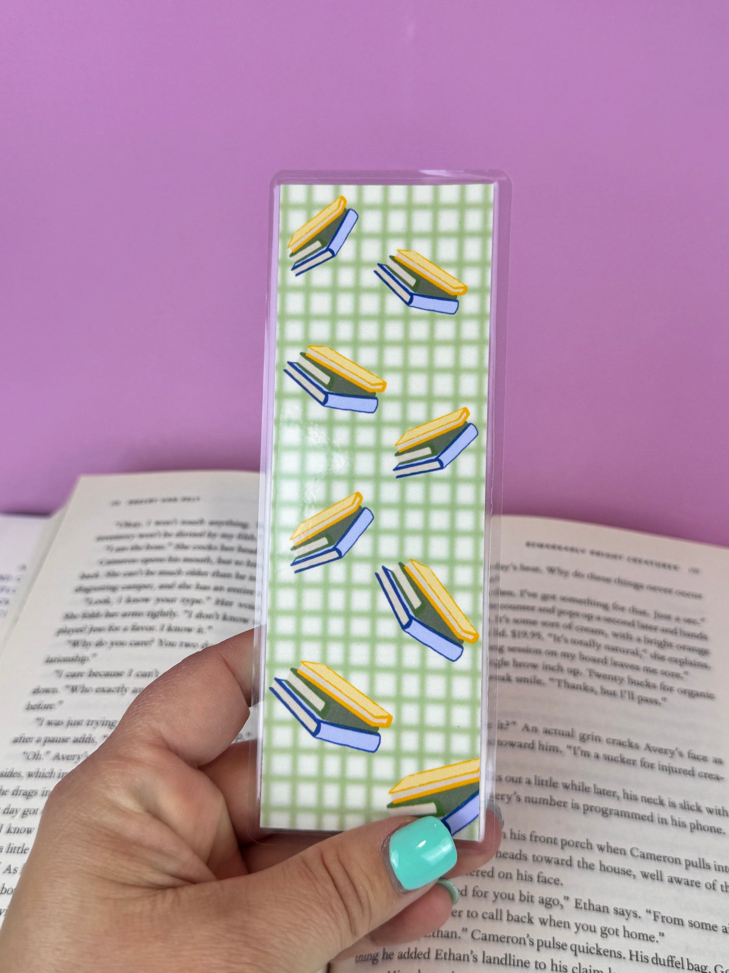 Green Gingham Style Bookmark with Floating Stacks of Books, Book Lovers, Gift For Readers, Hand Drawn Art, Page Saver, Laminated Bookmark