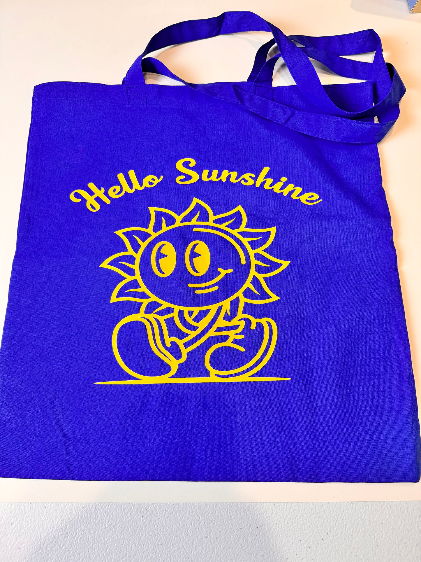 Blue Medium Tote Bag, Lightweight 100 Percent Cotton, Hello Sunshine Grocery Bag, 15x16 Inches