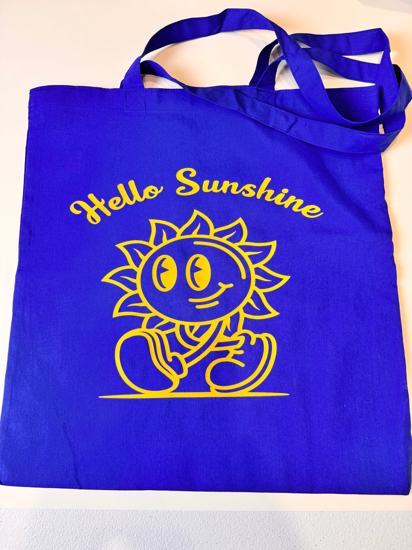 Blue Medium Tote Bag, Lightweight 100 Percent Cotton, Hello Sunshine Grocery Bag, 15x16 Inches