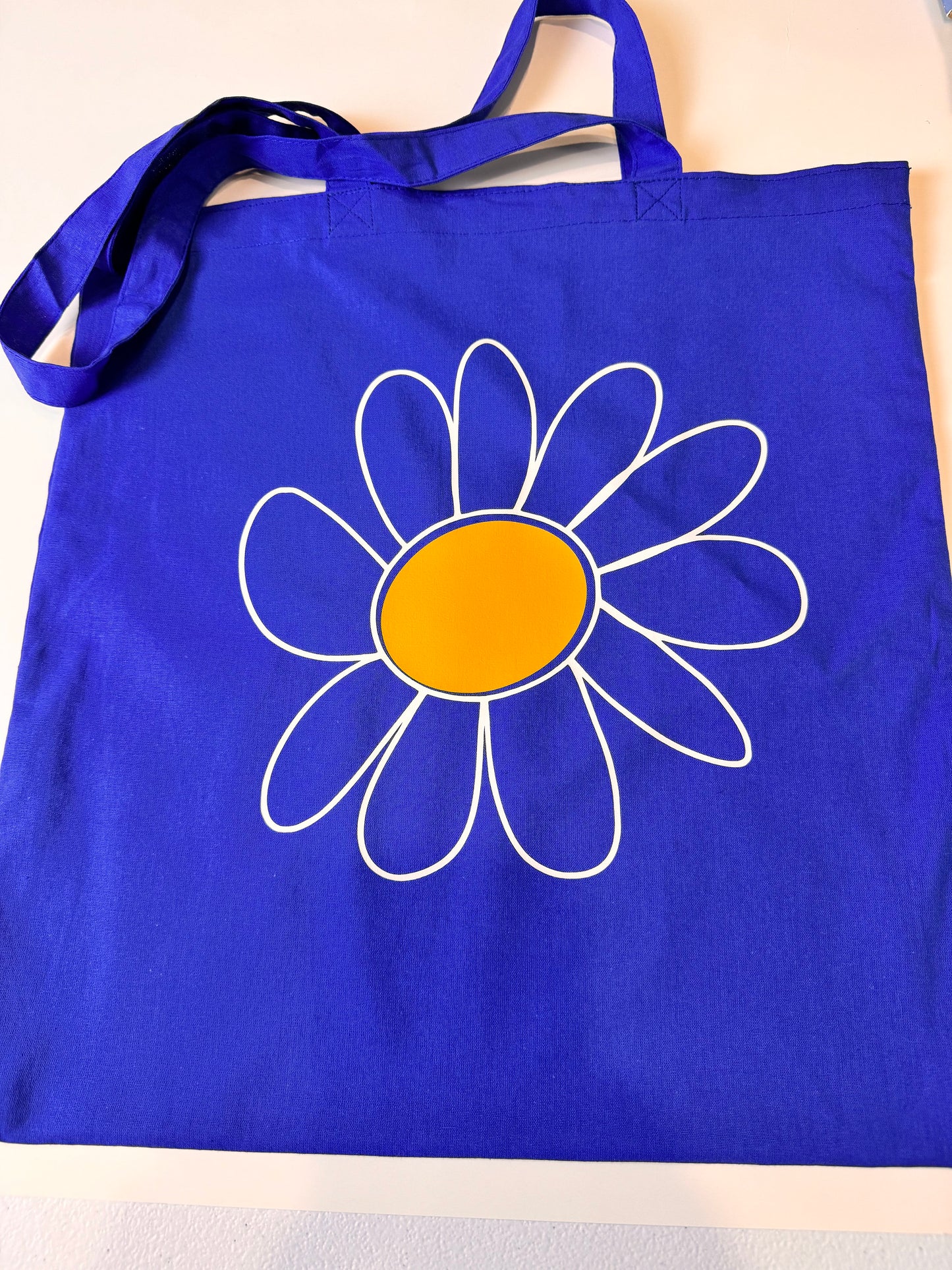 Blue Medium Tote Bag, Lightweight 100 Percent Cotton, Daisy Grocery Bag, 15x16 Inches