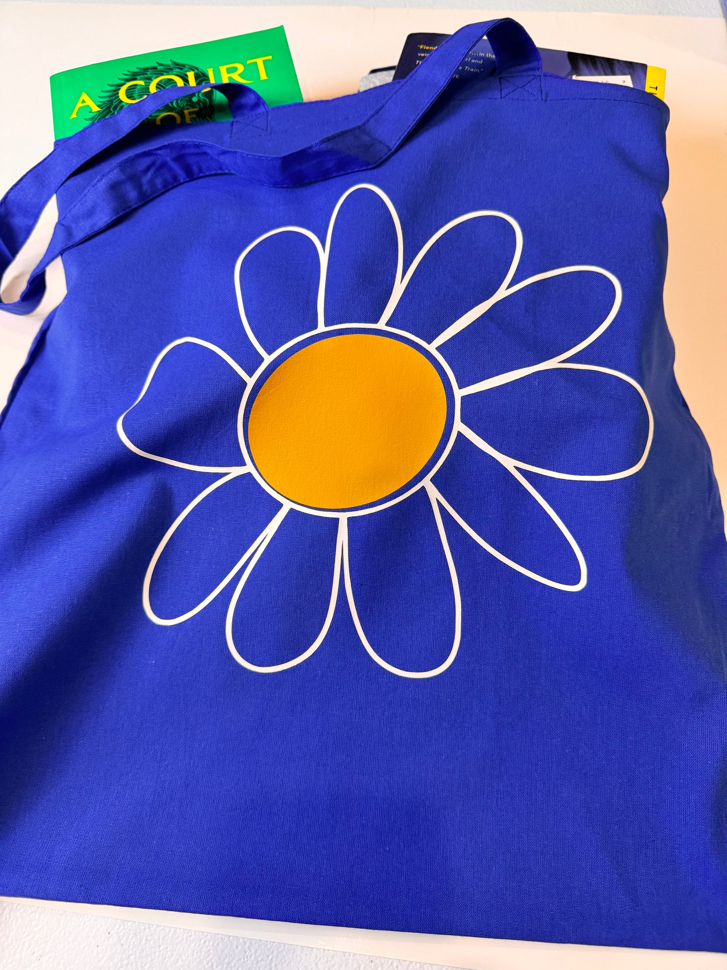 Blue Medium Tote Bag, Lightweight 100 Percent Cotton, Daisy Grocery Bag, 15x16 Inches
