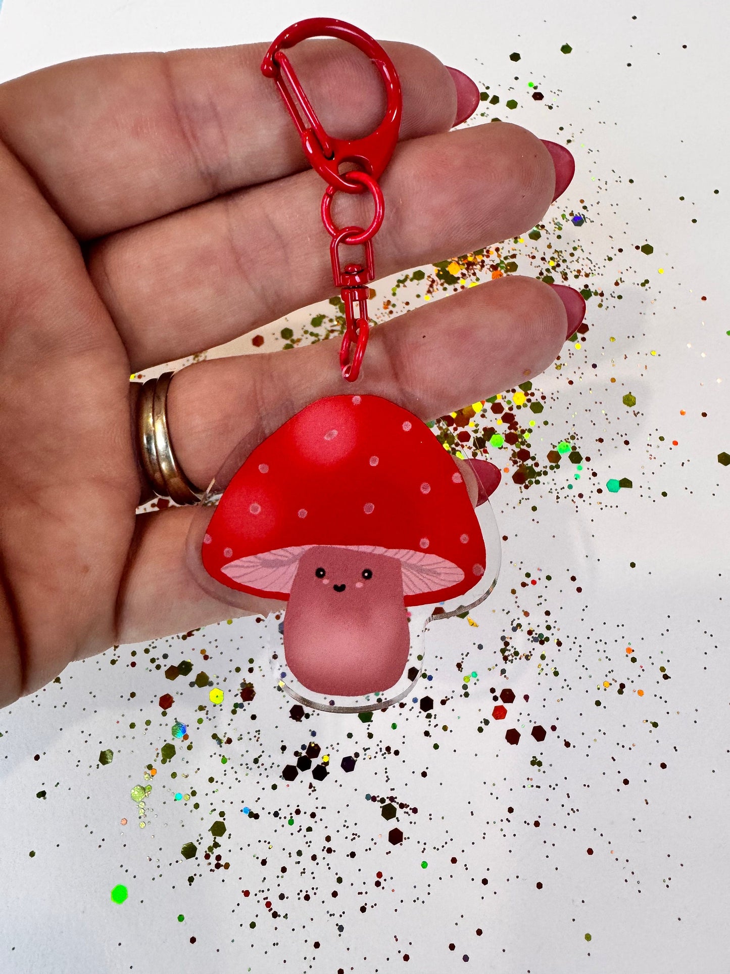 Kawaii Cute Mushroom Character, Acrylic Keychain with Red D-Ring Clasp, Double Sided, Original Artwork Keychain
