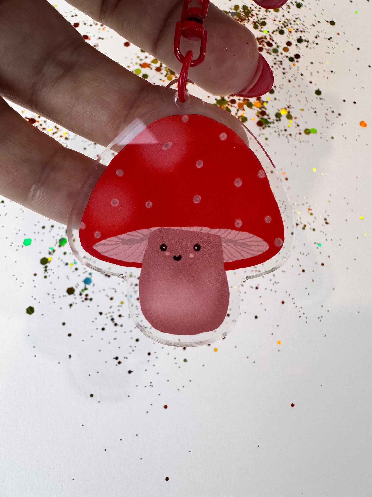 Kawaii Cute Mushroom Character, Acrylic Keychain with Red D-Ring Clasp, Double Sided, Original Artwork Keychain