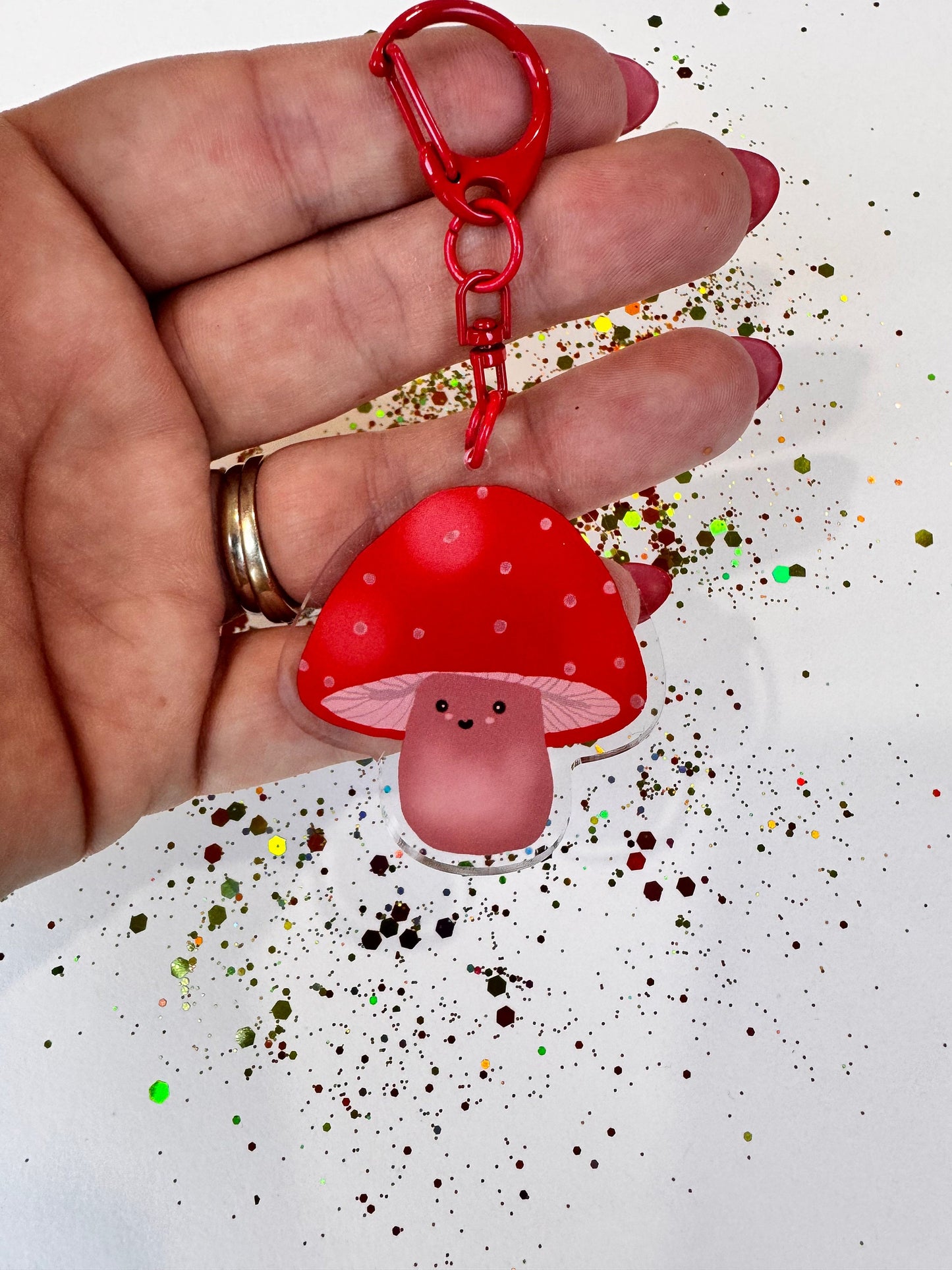 Kawaii Cute Mushroom Character, Acrylic Keychain with Red D-Ring Clasp, Double Sided, Original Artwork Keychain