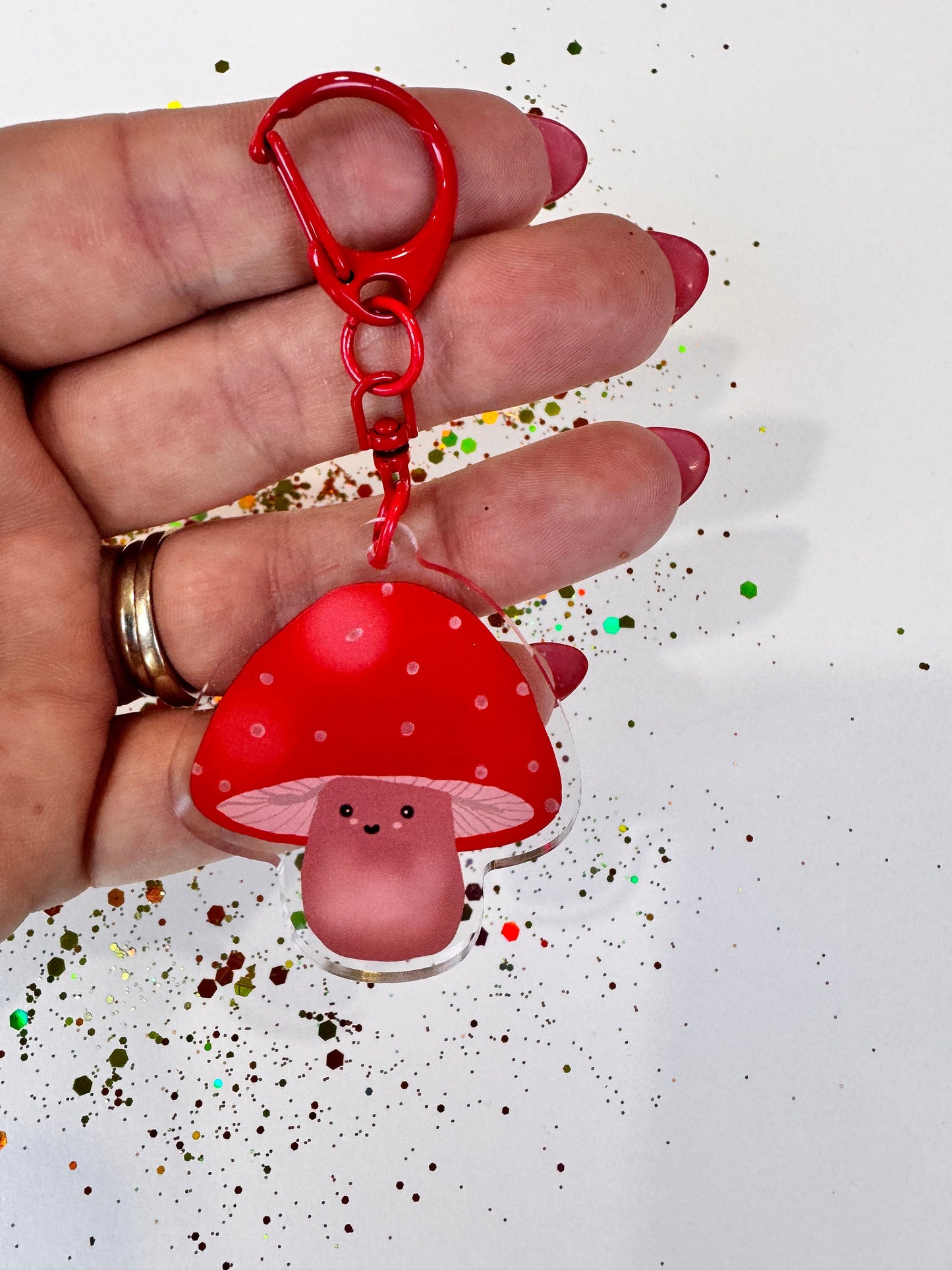 Kawaii Cute Mushroom Character, Acrylic Keychain with Red D-Ring Clasp, Double Sided, Original Artwork Keychain