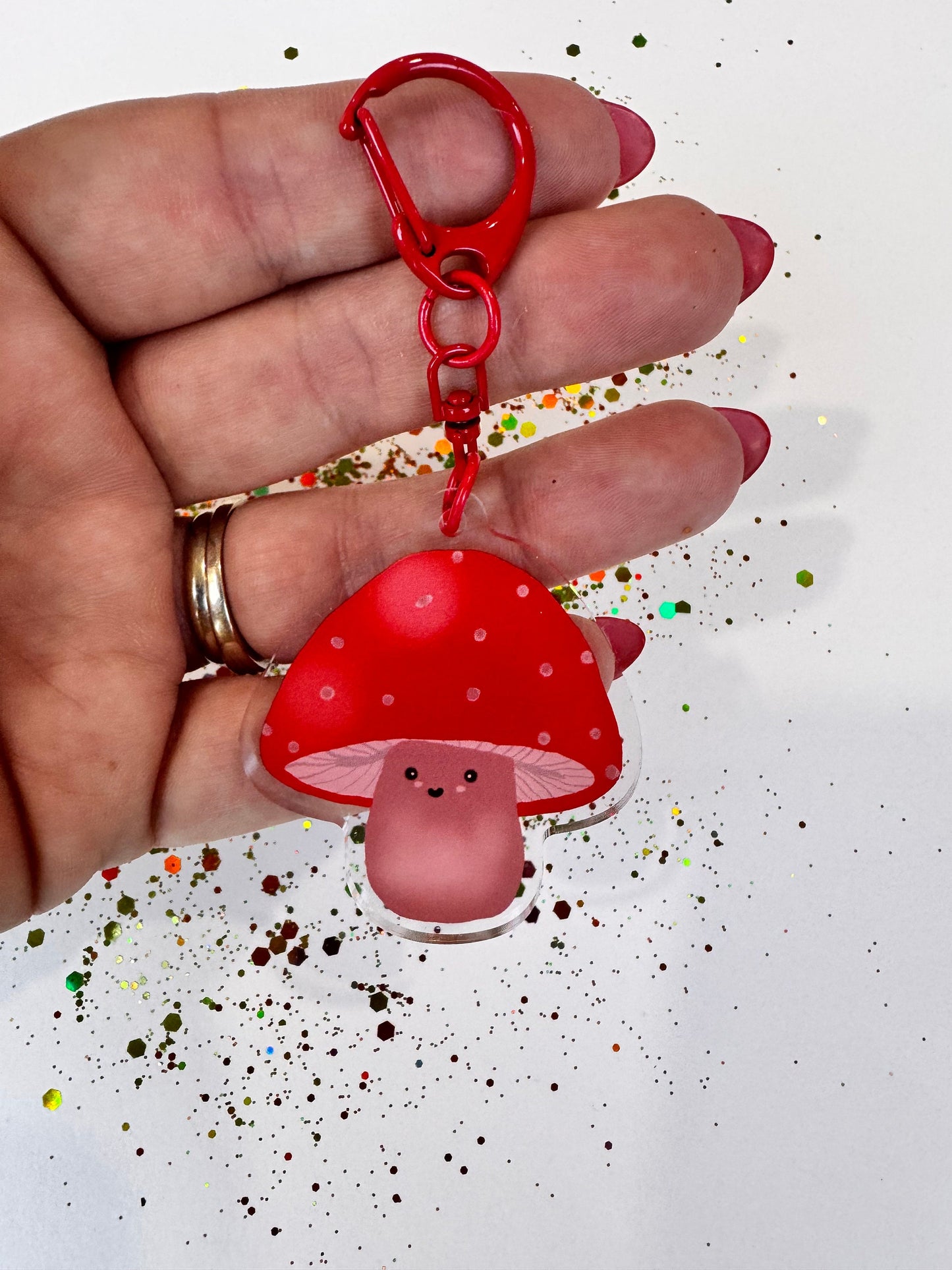 Kawaii Cute Mushroom Character, Acrylic Keychain with Red D-Ring Clasp, Double Sided, Original Artwork Keychain