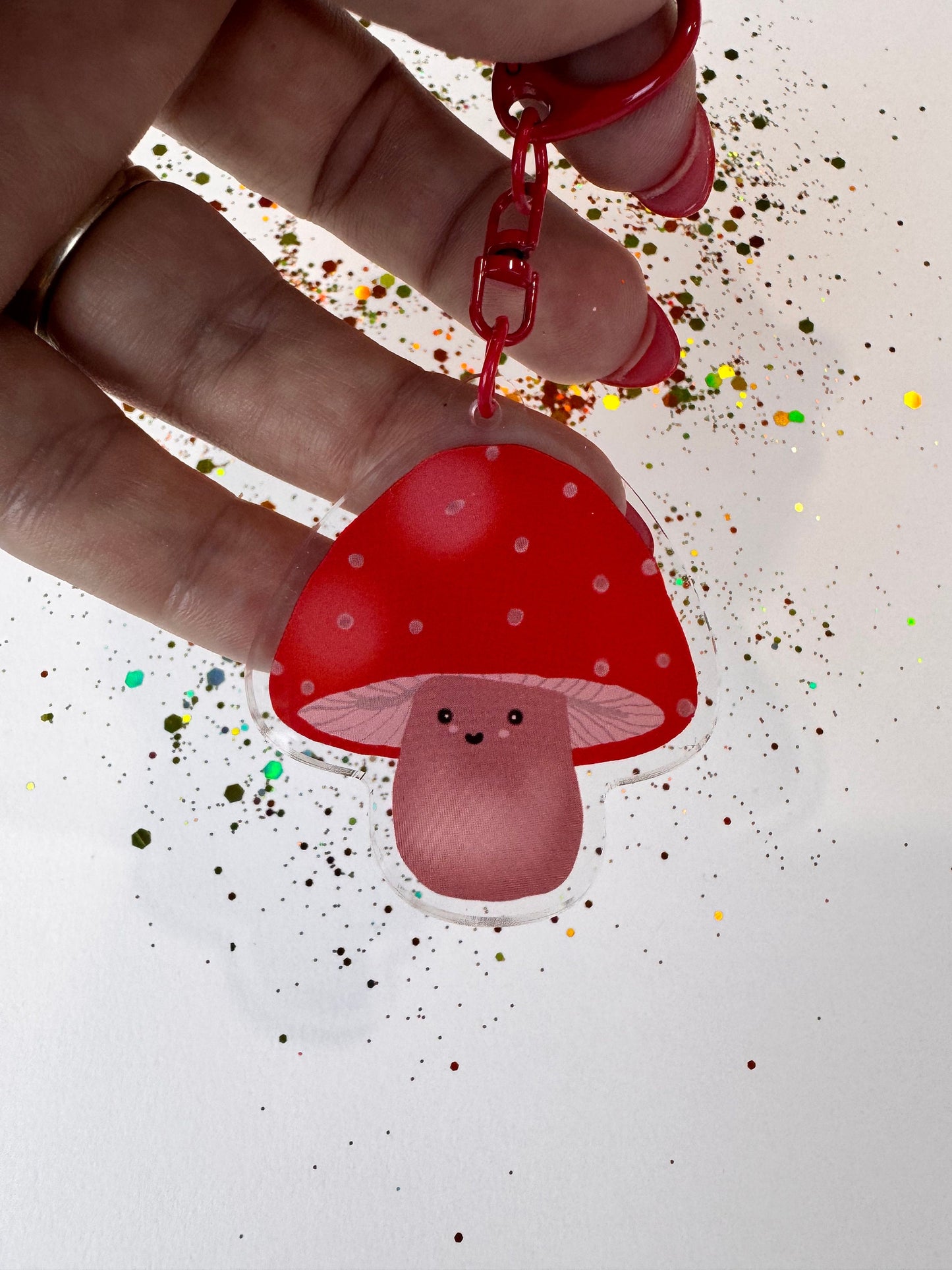 Kawaii Cute Mushroom Character, Acrylic Keychain with Red D-Ring Clasp, Double Sided, Original Artwork Keychain