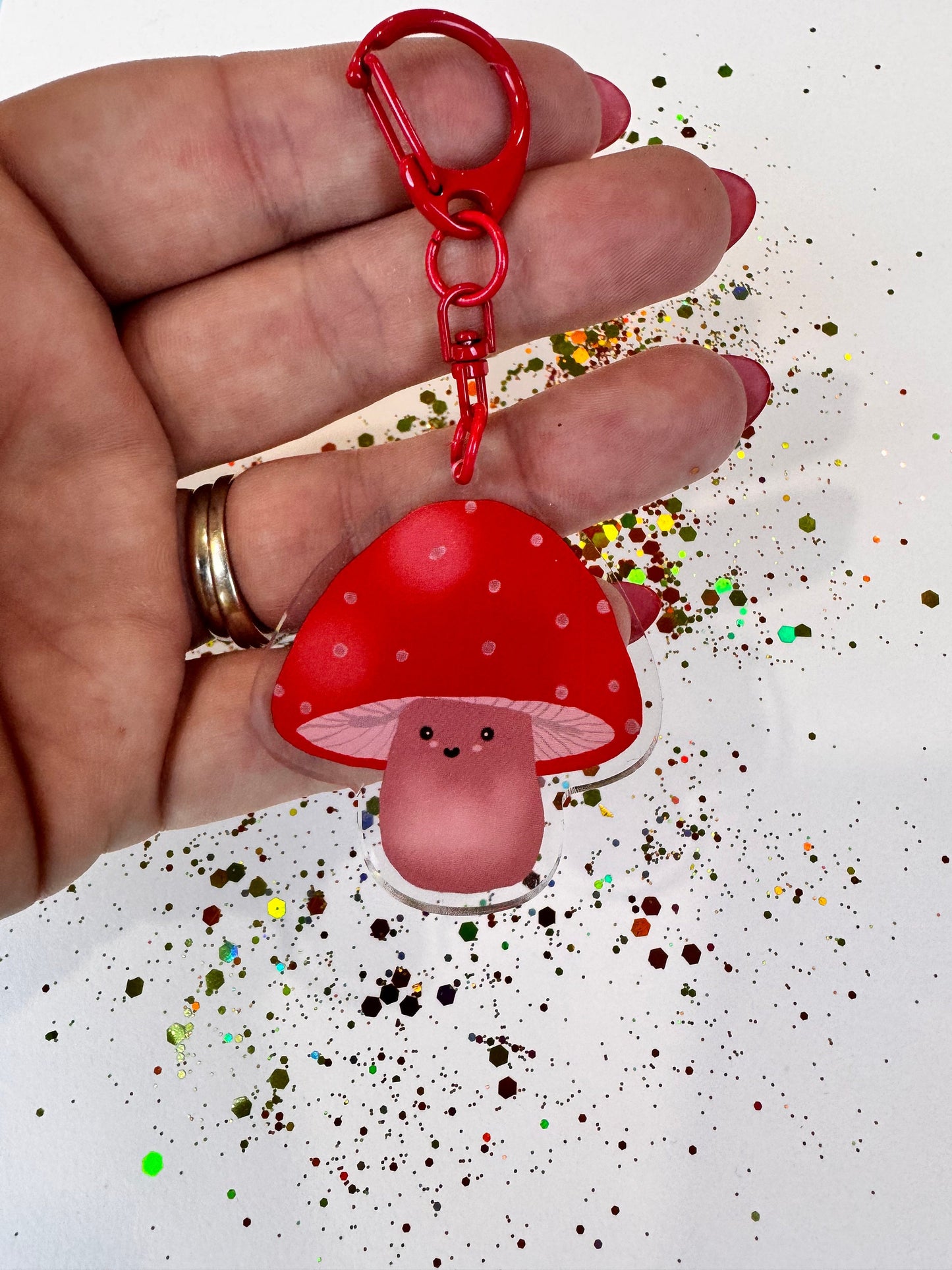 Kawaii Cute Mushroom Character, Acrylic Keychain with Red D-Ring Clasp, Double Sided, Original Artwork Keychain