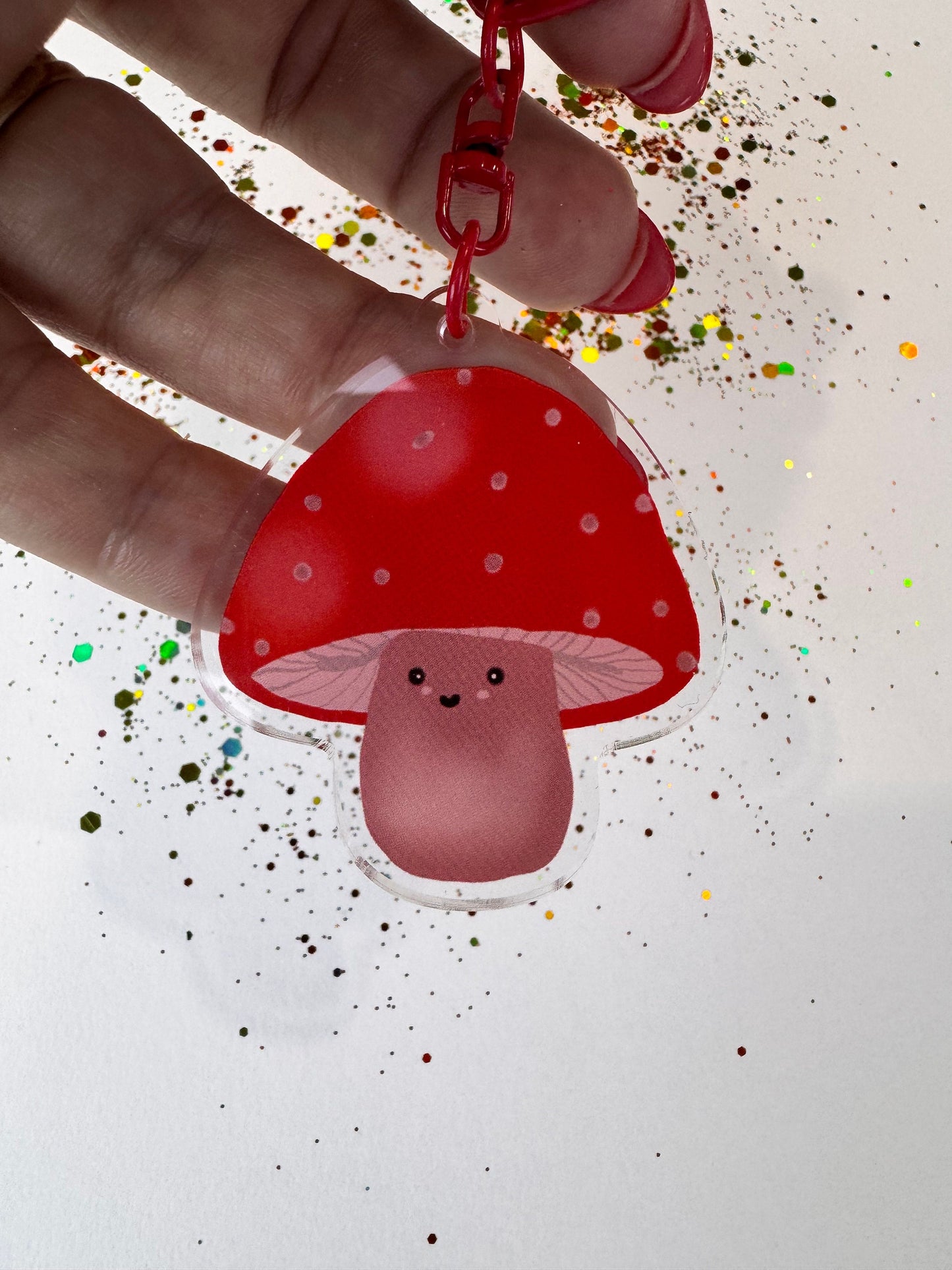 Kawaii Cute Mushroom Character, Acrylic Keychain with Red D-Ring Clasp, Double Sided, Original Artwork Keychain
