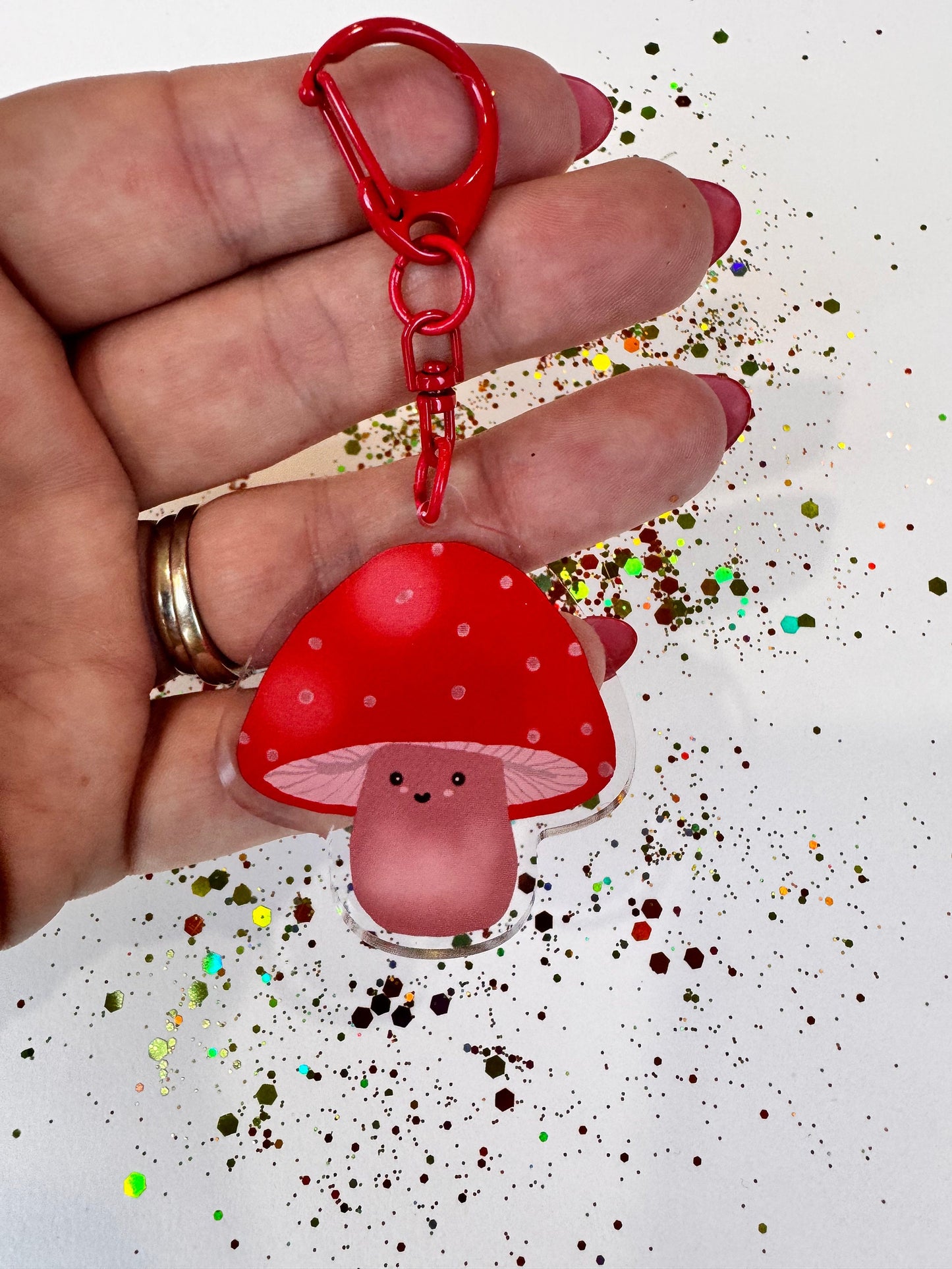 Kawaii Cute Mushroom Character, Acrylic Keychain with Red D-Ring Clasp, Double Sided, Original Artwork Keychain