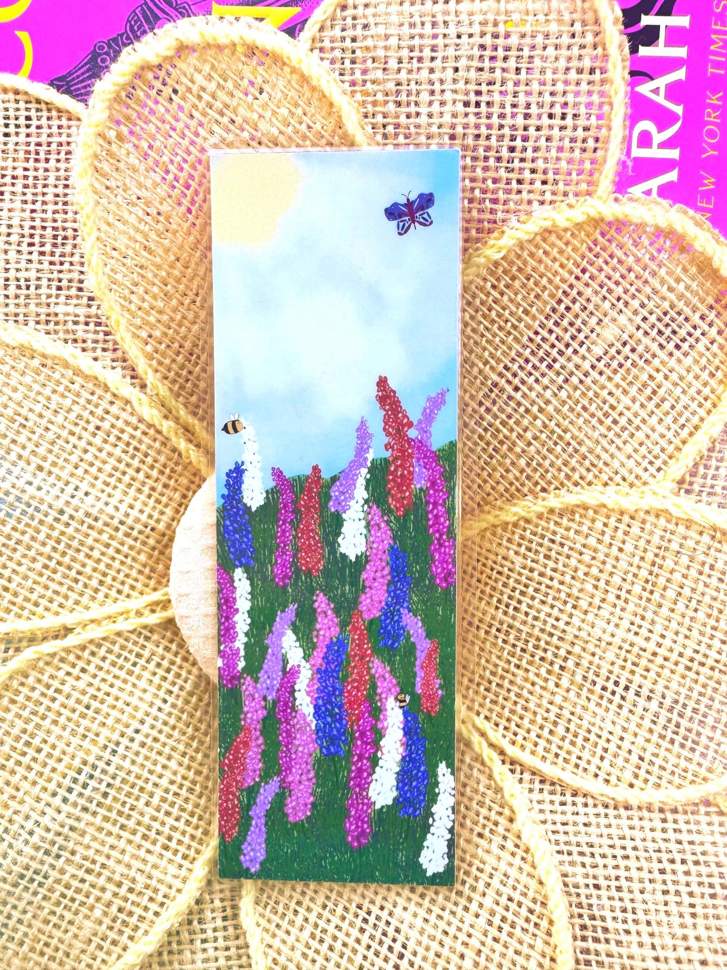 Floral Meadow Bookmark with Larkspur Flowers, Bees, and Butterfly