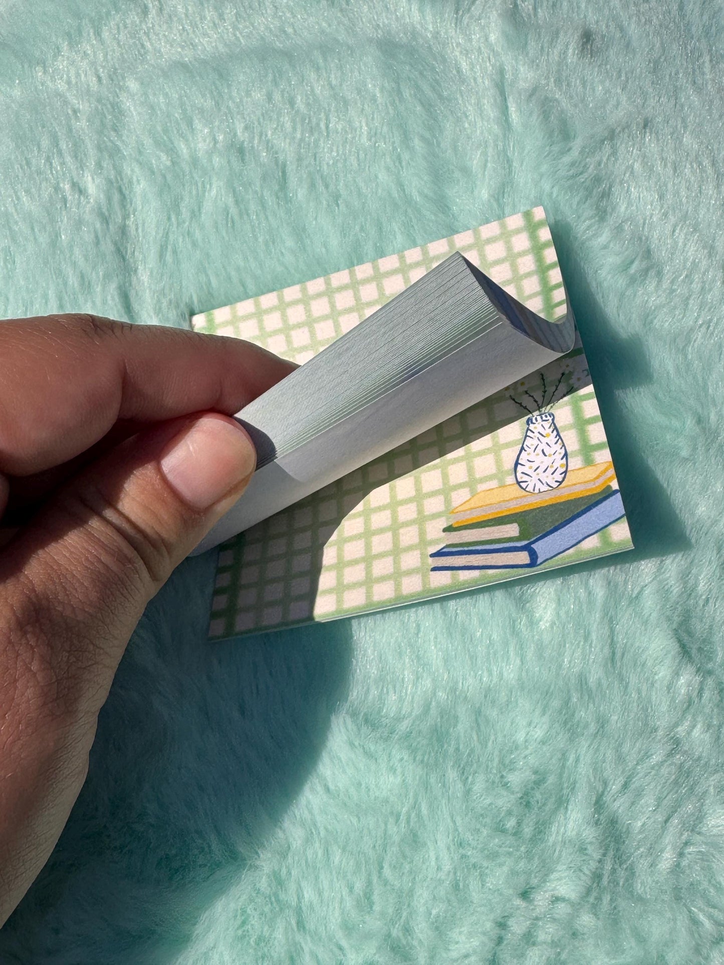 Book Lover Sticky Notes, Green and Yellow Plaid Gingham Style Sticky Notepad, 3x3 Inch