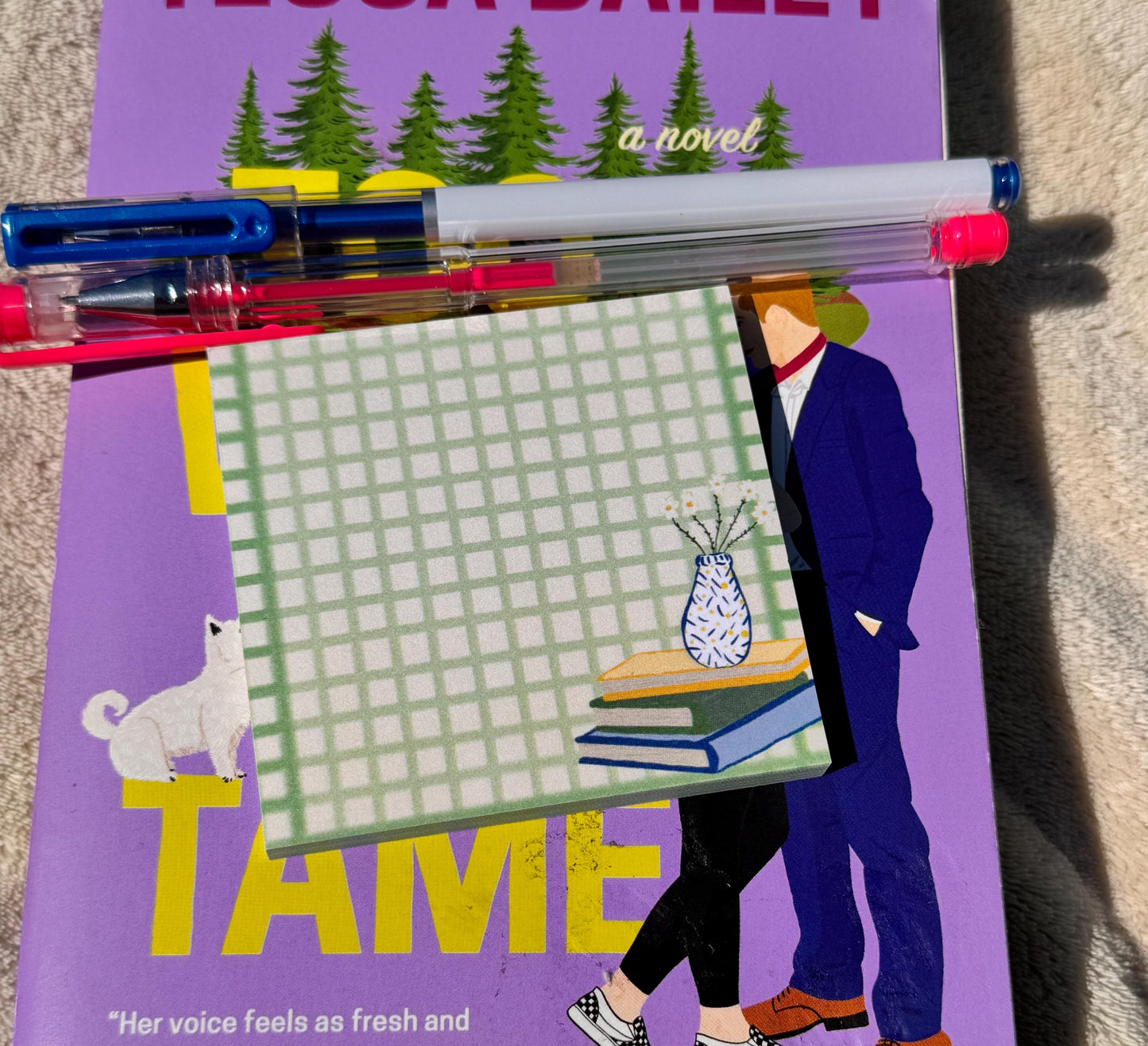 Book Lover Sticky Notes, Green and Yellow Plaid Gingham Style Sticky Notepad, 3x3 Inch