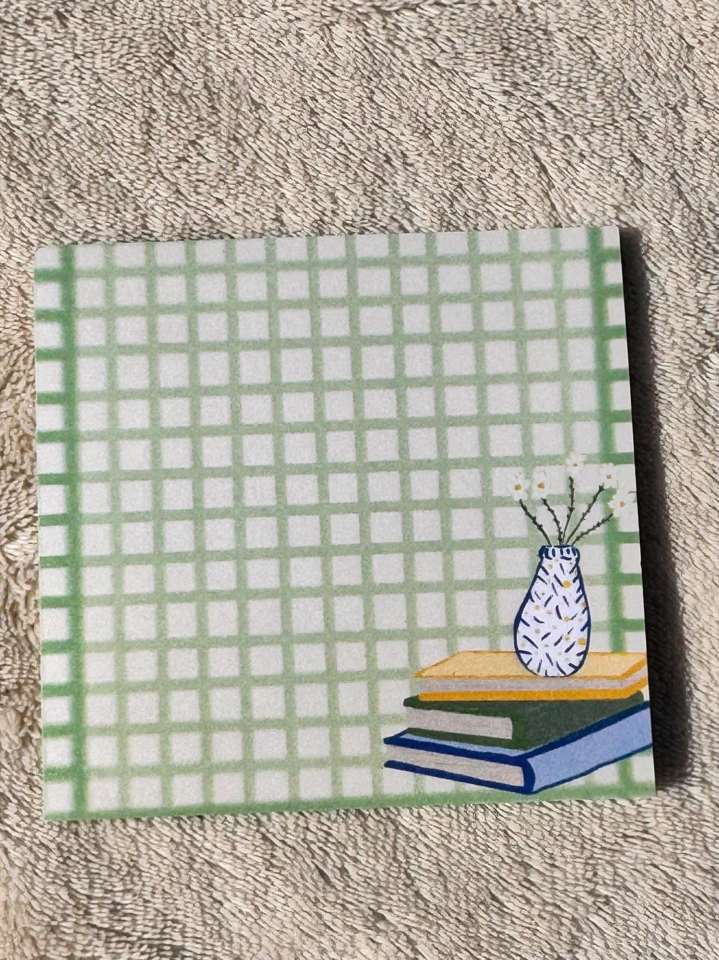 Book Lover Sticky Notes, Green and Yellow Plaid Gingham Style Sticky Notepad, 3x3 Inch