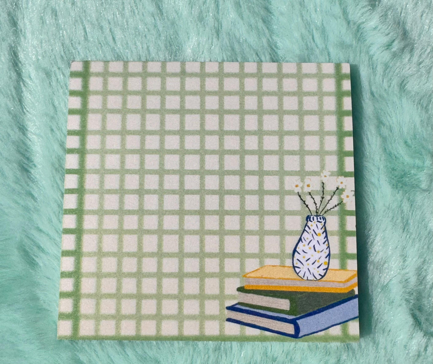 Book Lover Sticky Notes, Green and Yellow Plaid Gingham Style Sticky Notepad, 3x3 Inch