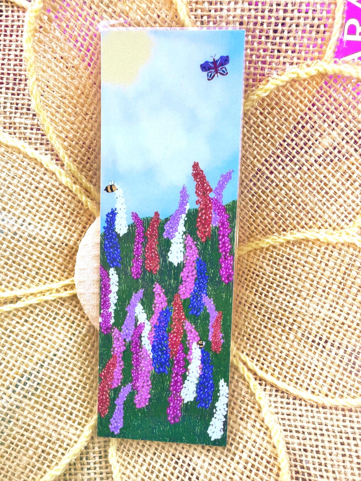 Floral Meadow Bookmark with Larkspur Flowers, Bees, and Butterfly