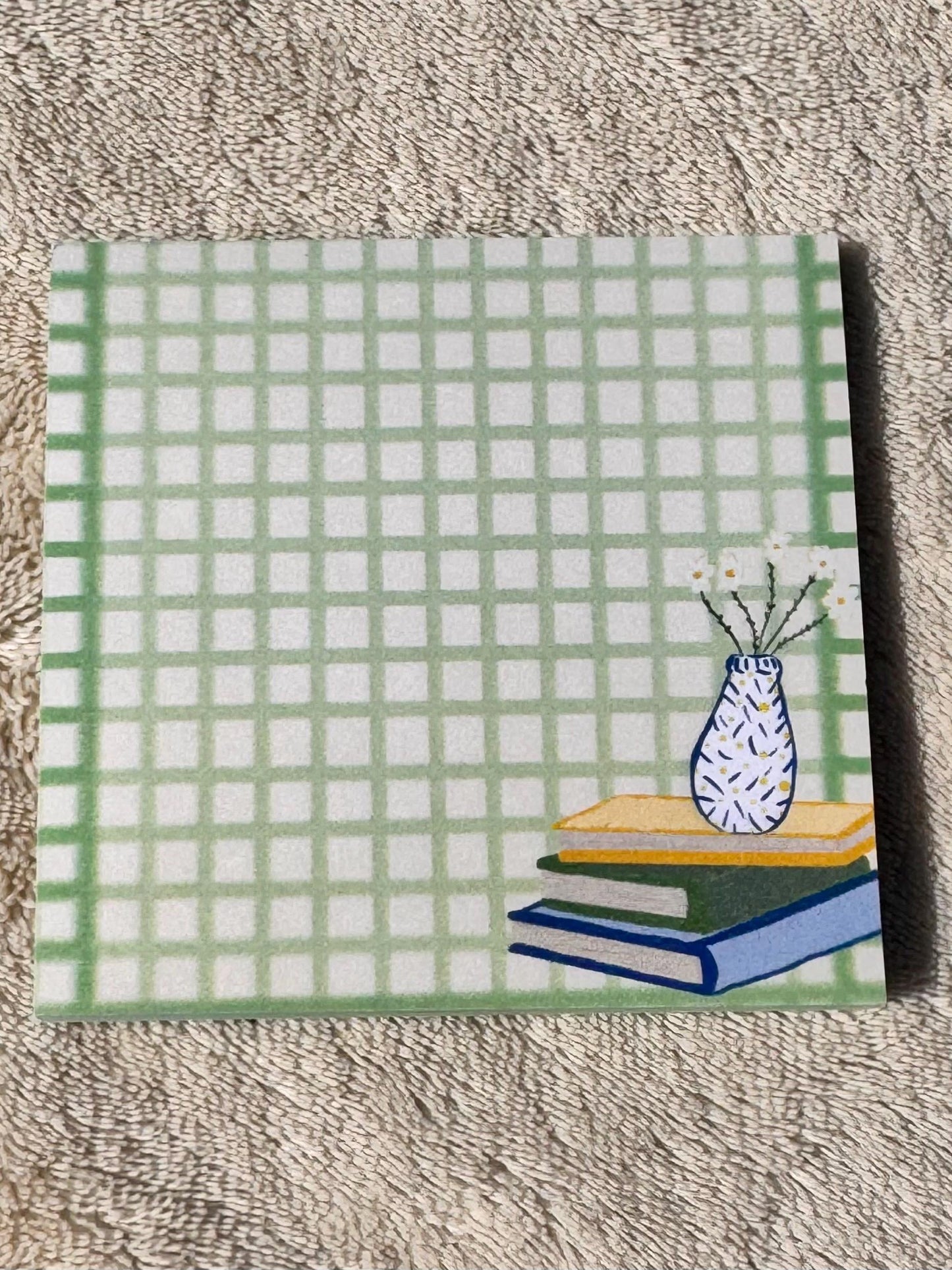 Book Lover Sticky Notes, Green and Yellow Plaid Gingham Style Sticky Notepad, 3x3 Inch