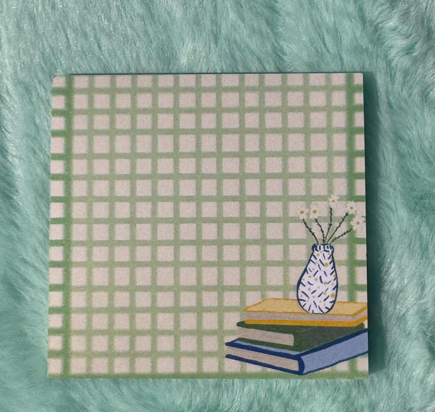 Book Lover Sticky Notes, Green and Yellow Plaid Gingham Style Sticky Notepad, 3x3 Inch