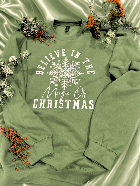 Believe In The Magic Of Christmas Cozy Sweatshirt: Military Green Crew Neck Sweatshirt