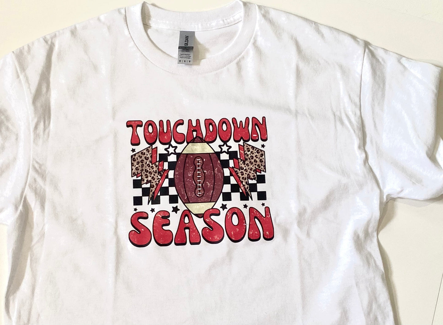 Football Season Women’s T-shirt, Touchdown Season Apparel, Football Mom Clothing, White Gildan Heavy Cotton