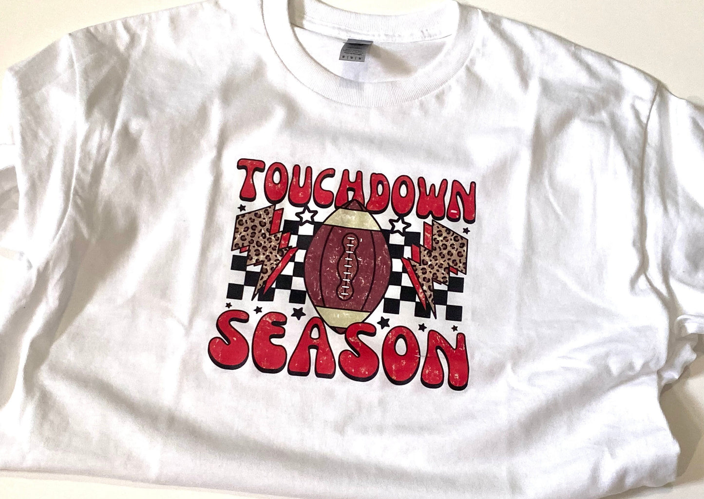Football Season Women’s T-shirt, Touchdown Season Apparel, Football Mom Clothing, White Gildan Heavy Cotton