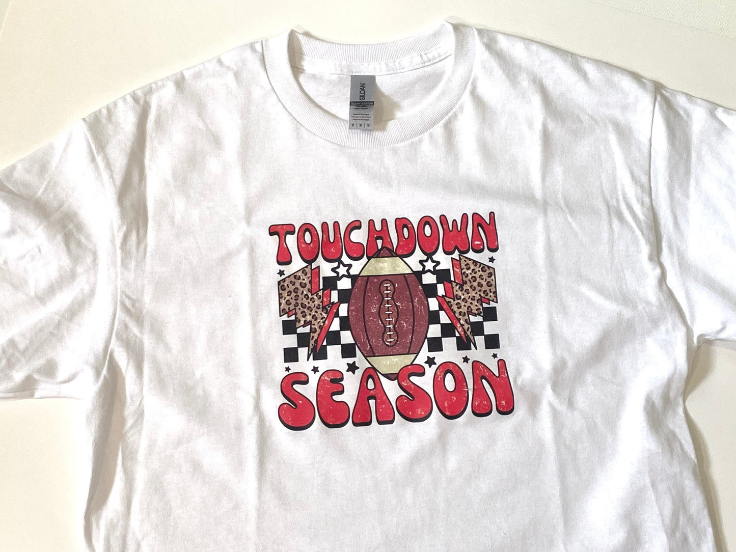 Football Season Women’s T-shirt, Touchdown Season Apparel, Football Mom Clothing, White Gildan Heavy Cotton
