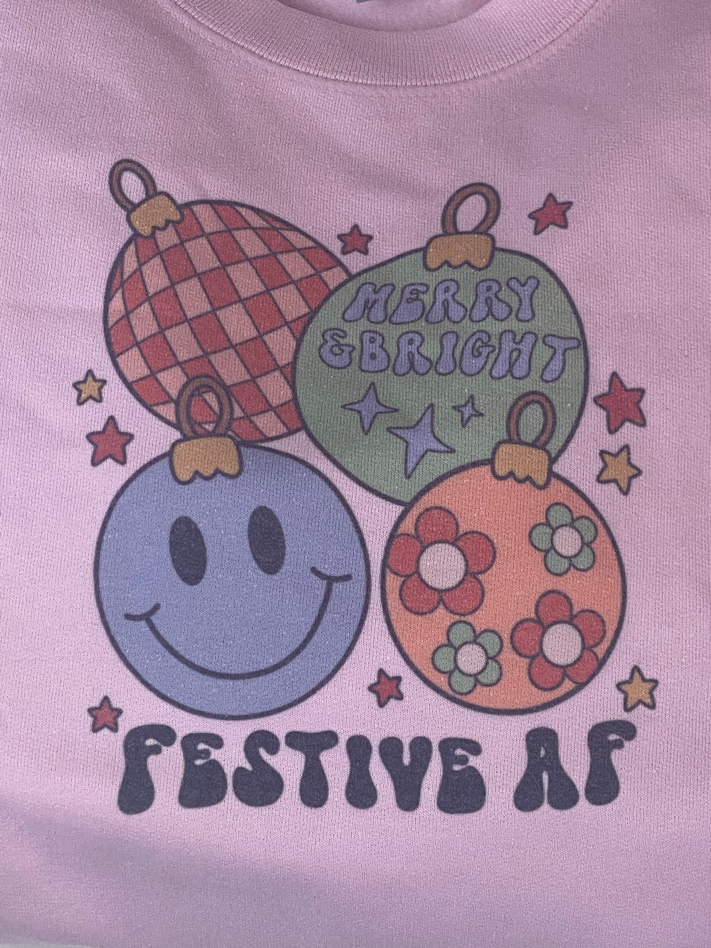 Merry Bright Festive AF Retro Ornaments Holiday Sweatshirt, Sublimated Christmas Shirt