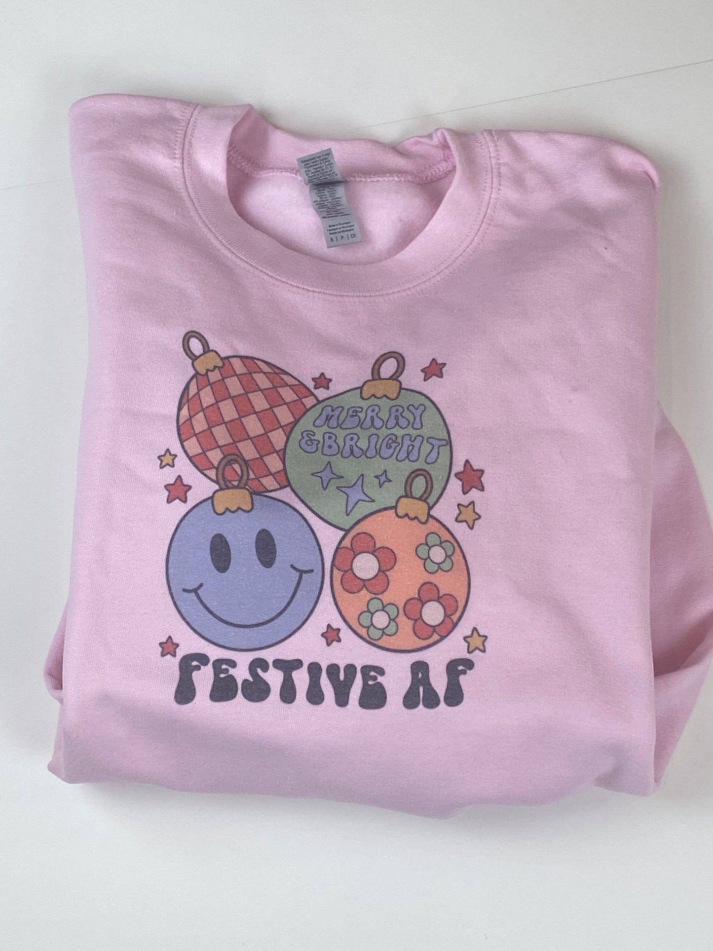 Merry Bright Festive AF Retro Ornaments Holiday Sweatshirt, Sublimated Christmas Shirt
