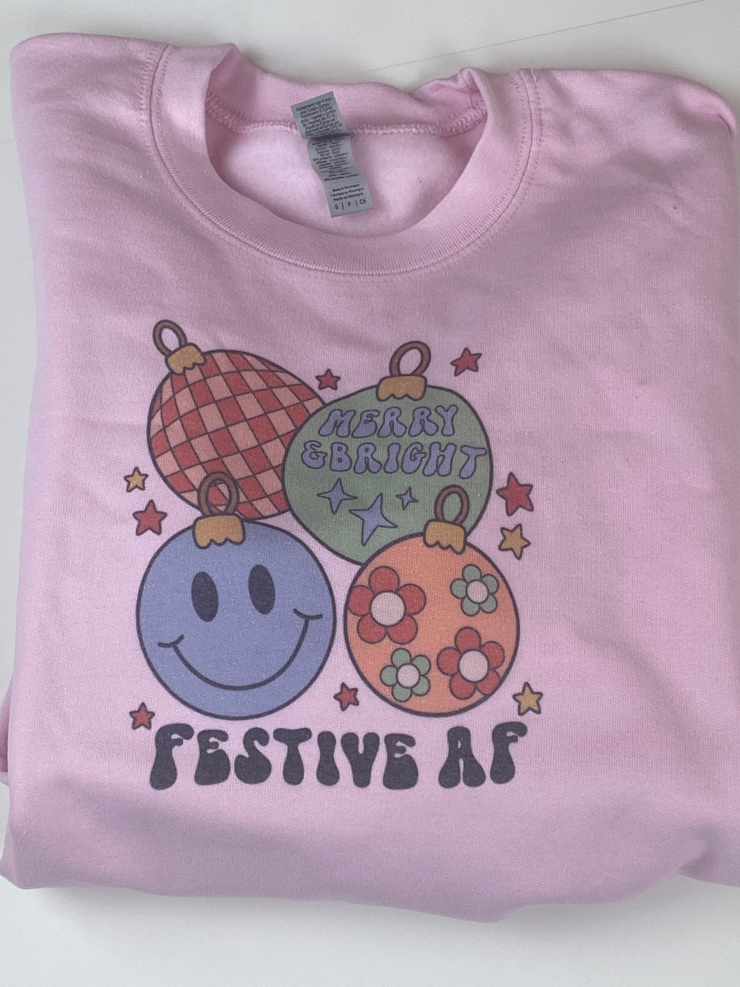 Merry Bright Festive AF Retro Ornaments Holiday Sweatshirt, Sublimated Christmas Shirt