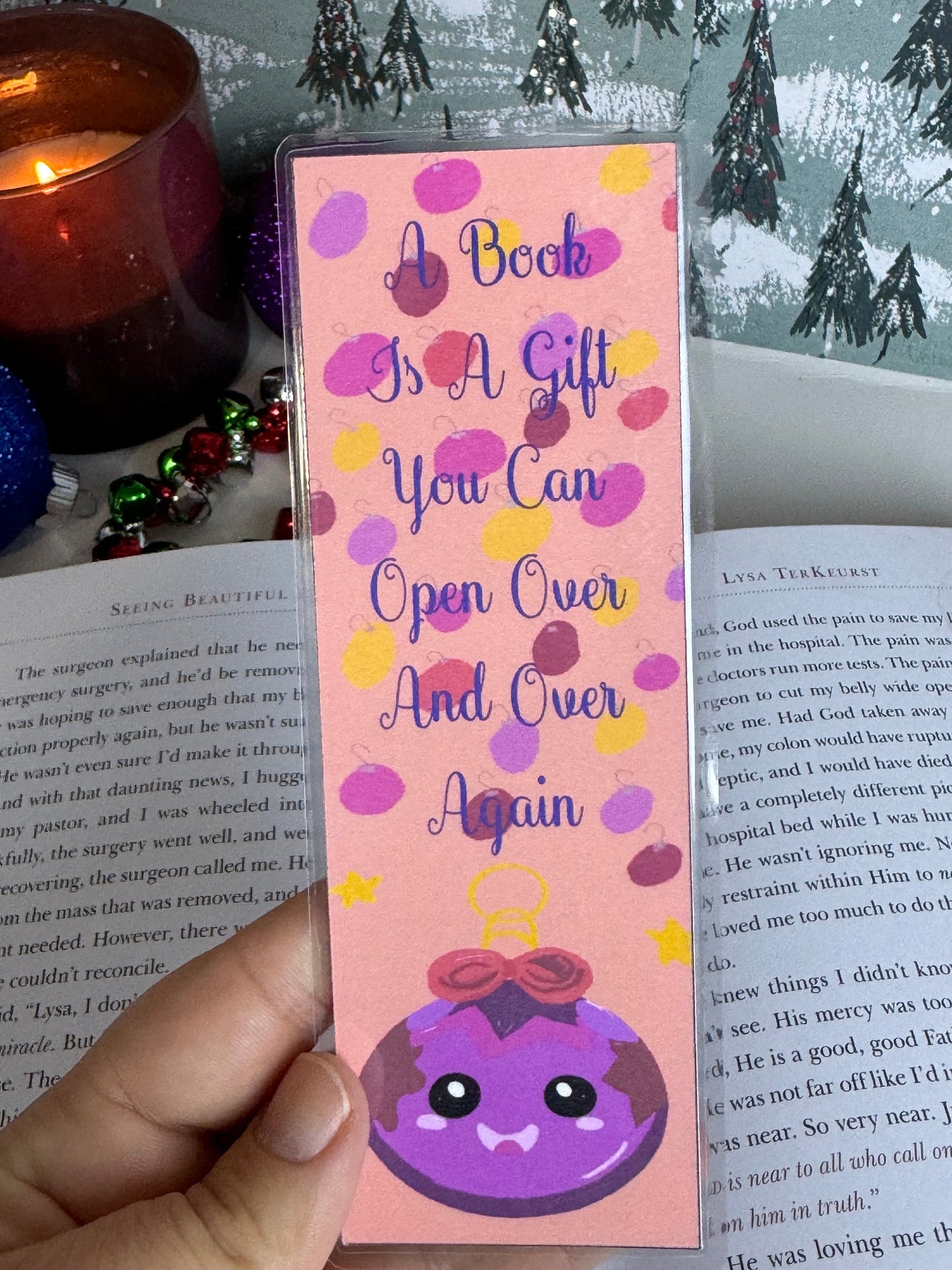 Cute Ornament Character Laminated Holiday Bookmark, Original Art, Cute Sayings and Quotes Page Saver