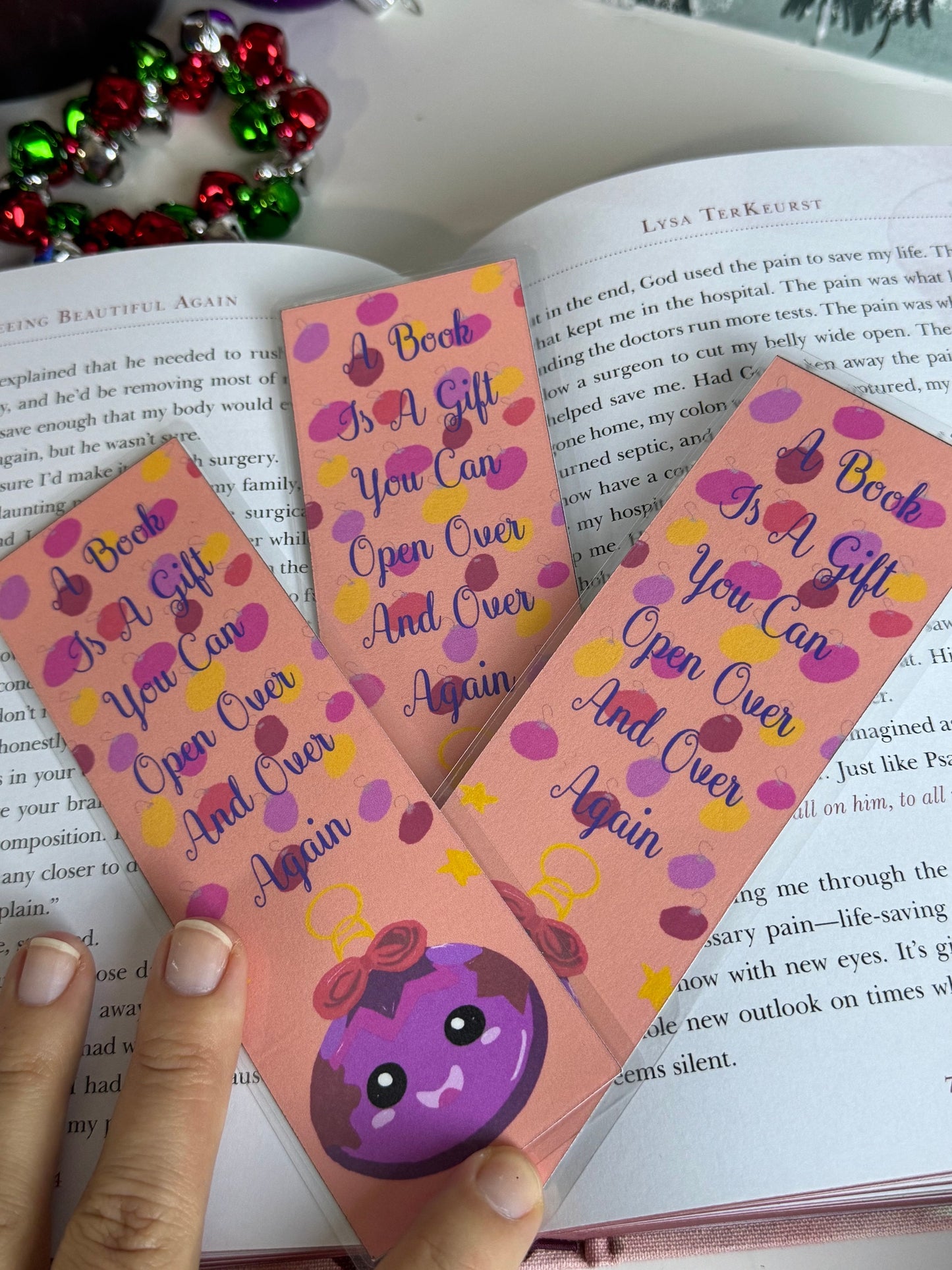 Cute Ornament Character Laminated Holiday Bookmark, Original Art, Cute Sayings and Quotes Page Saver