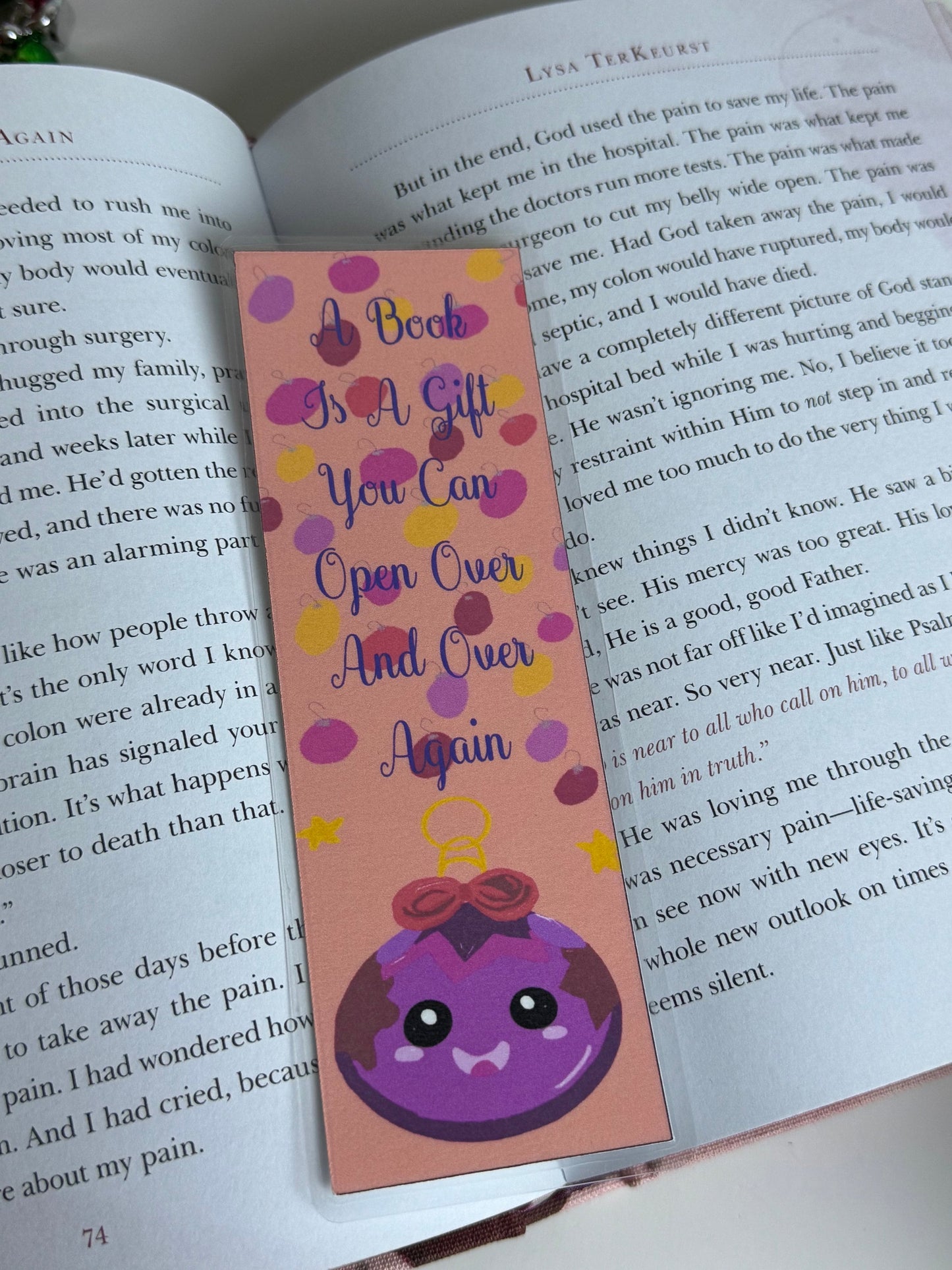 Cute Ornament Character Laminated Holiday Bookmark, Original Art, Cute Sayings and Quotes Page Saver
