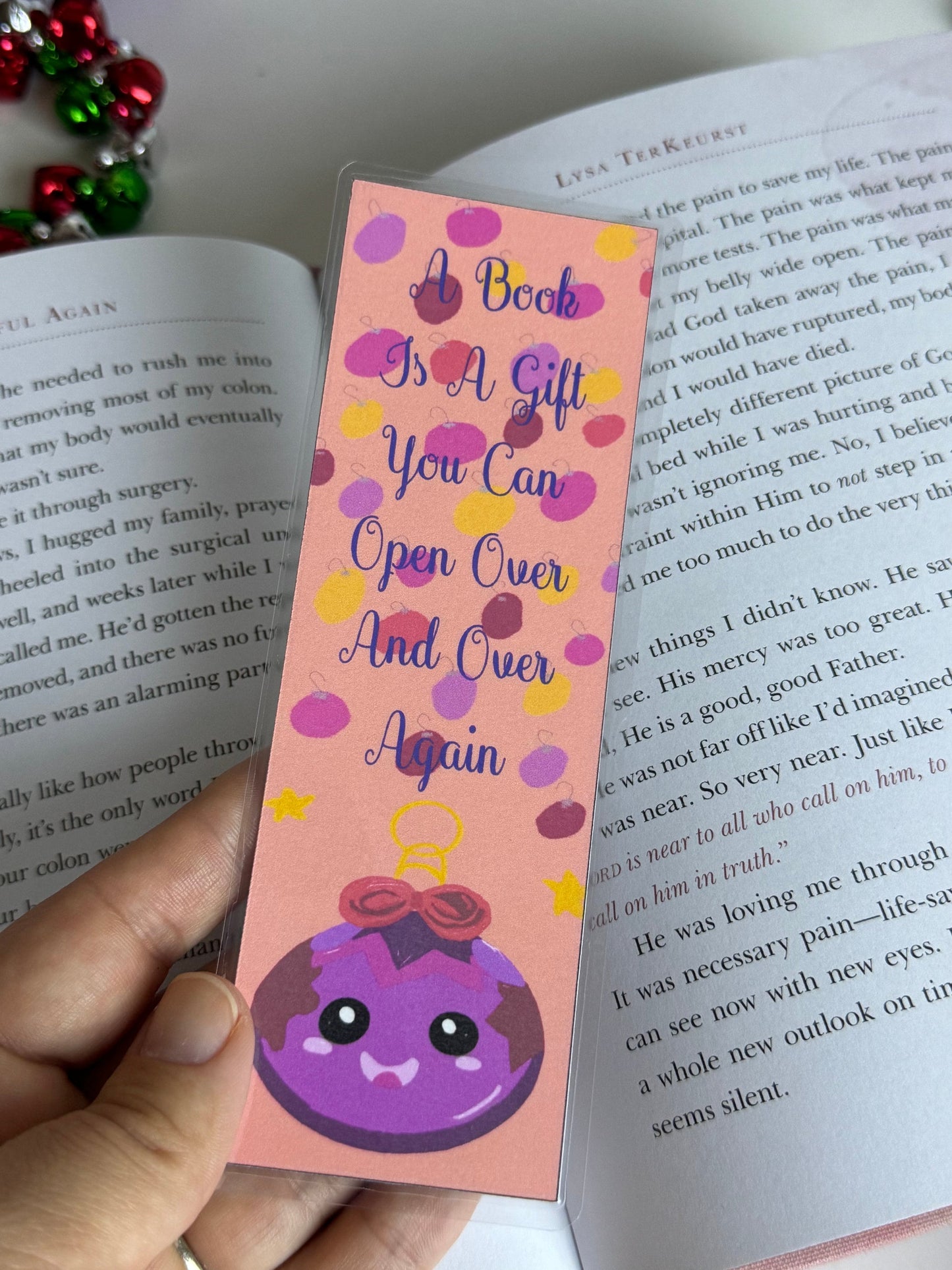 Cute Ornament Character Laminated Holiday Bookmark, Original Art, Cute Sayings and Quotes Page Saver